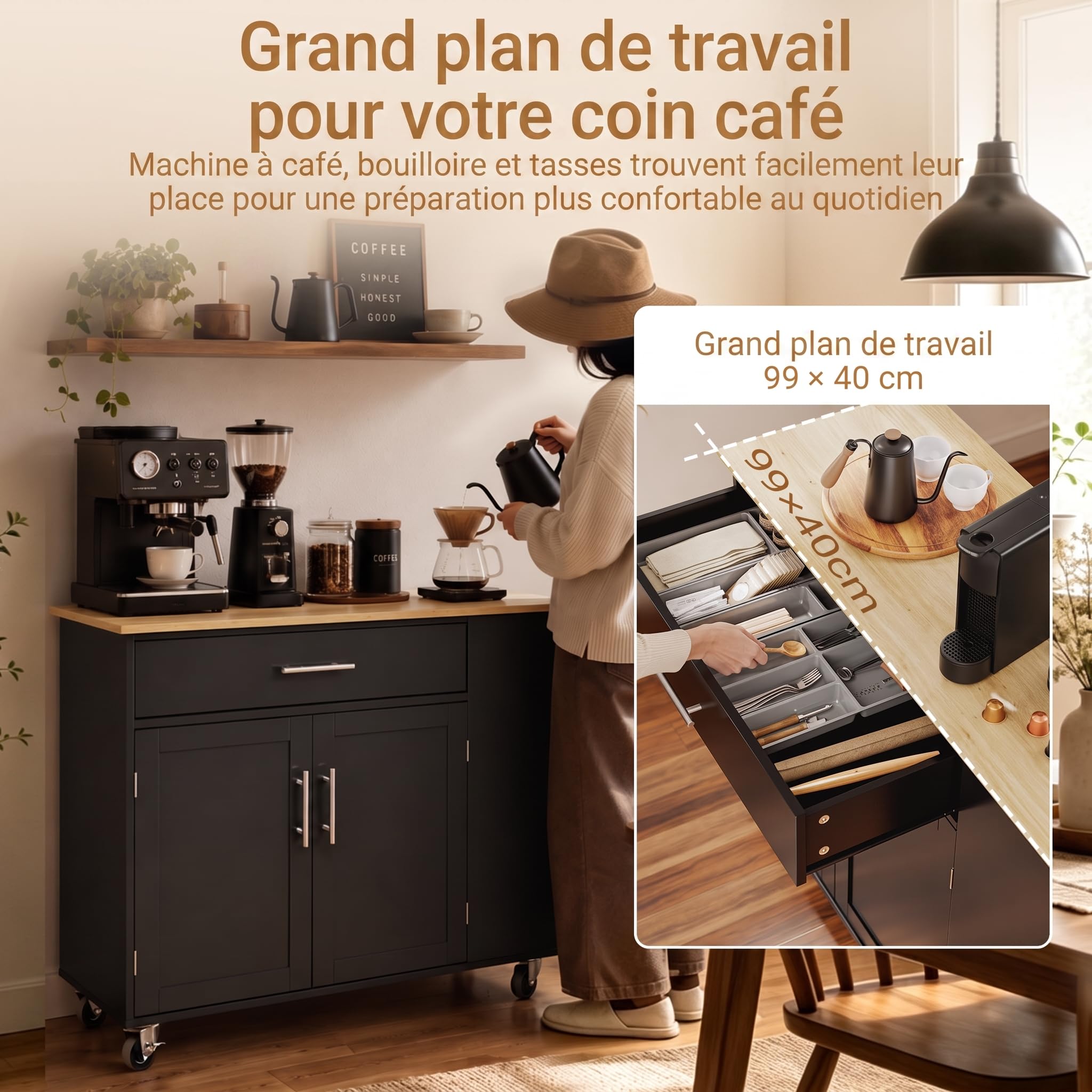 SoBuy Desserte Cuisine avec roulettes freinées et 3 étagères 99x40x84,3 cm | Meuble rangement cuisine, grand plan en bois, charge 75 kg, tiroir et placard 2 portes, MDF/PB, pour la cuisine, FKW133-SCH