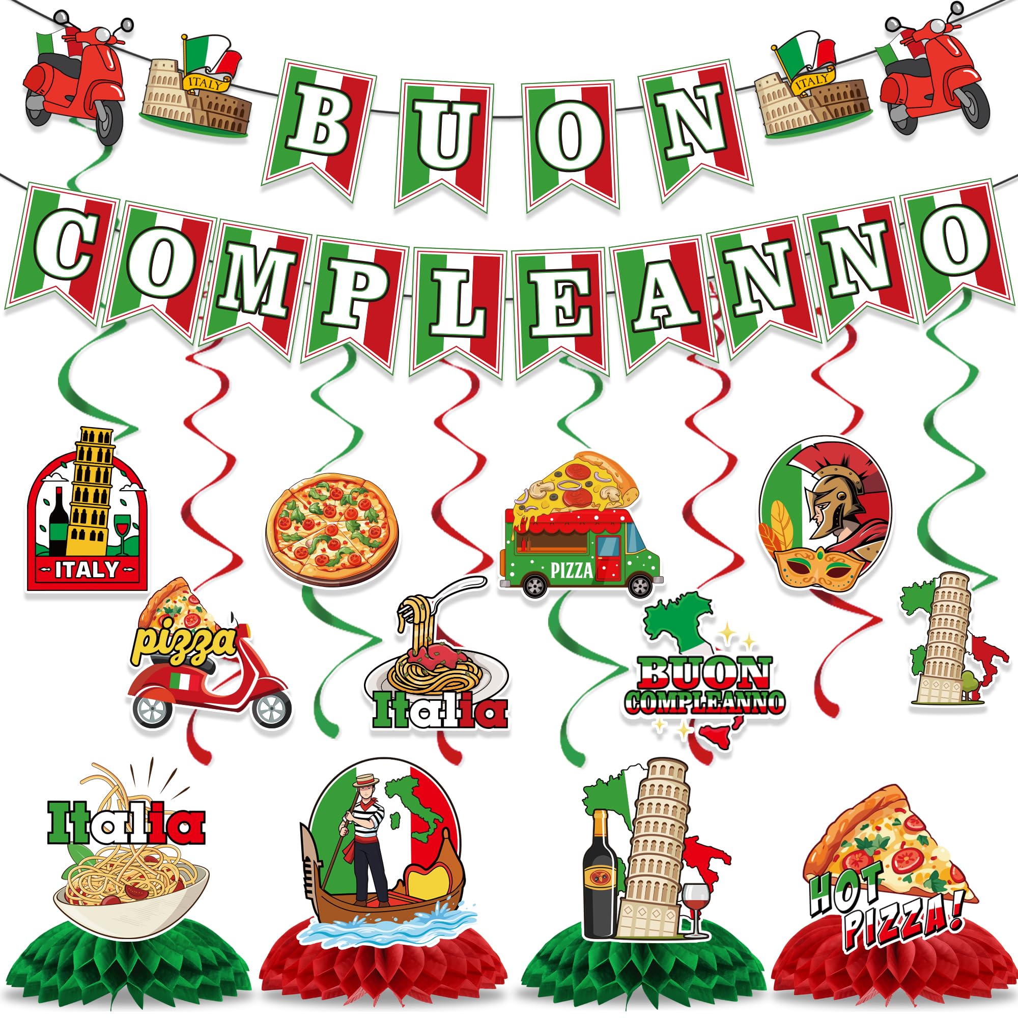 Italian Pizza Party Decorations Include Buon Compleanno Banners Hanging Swirls Honeycomb Centerpieces Italy Birthday Theme Party Supplies