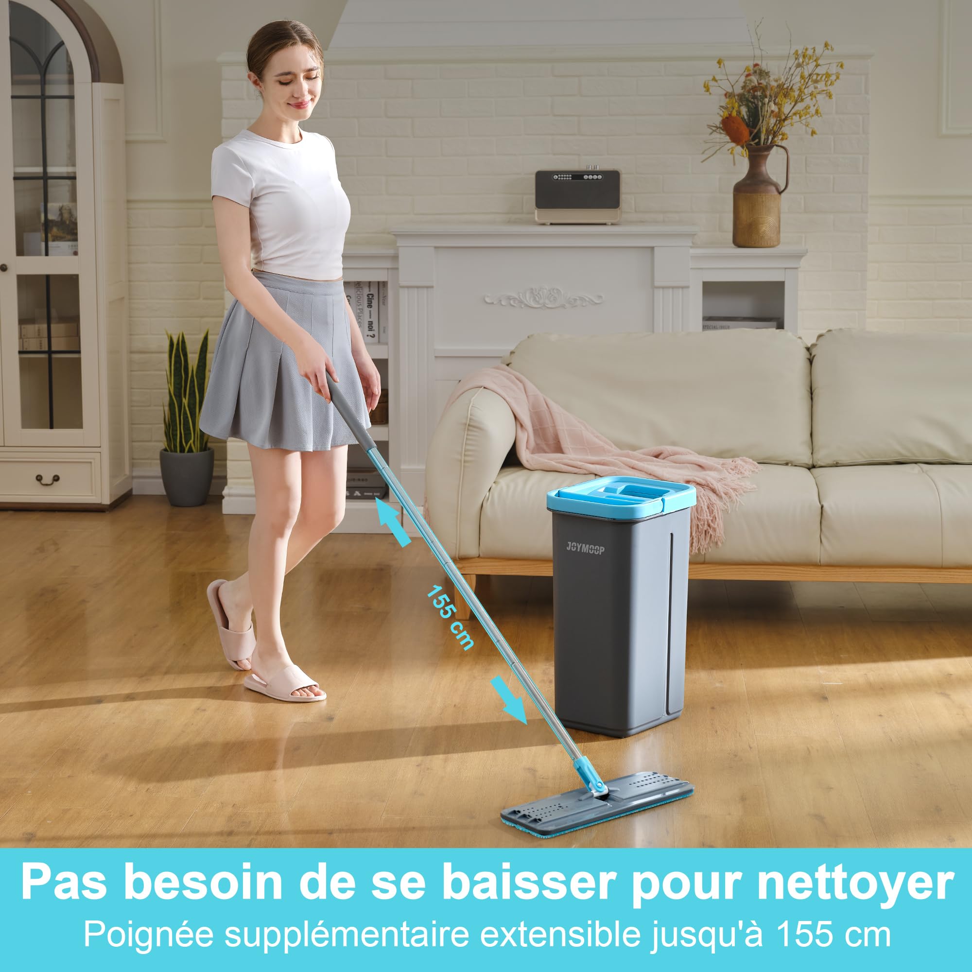 JOYMOOP Ensemble Mopa Et Seau avec Essoreuse, 5 Tampons Microfibre Réutilisables, pour Sols Et Murs, Mopa Mains Libres Usage Domestique - Gris + Bleu Cyan
