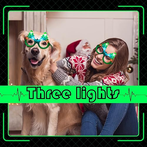 Miniatura 6 de Paquete de 8 lentes de sol LED con purpurina para árbol de Navidad que brillan en la oscuridad, gafas de sol LED de plástico, disfraz de árbol de