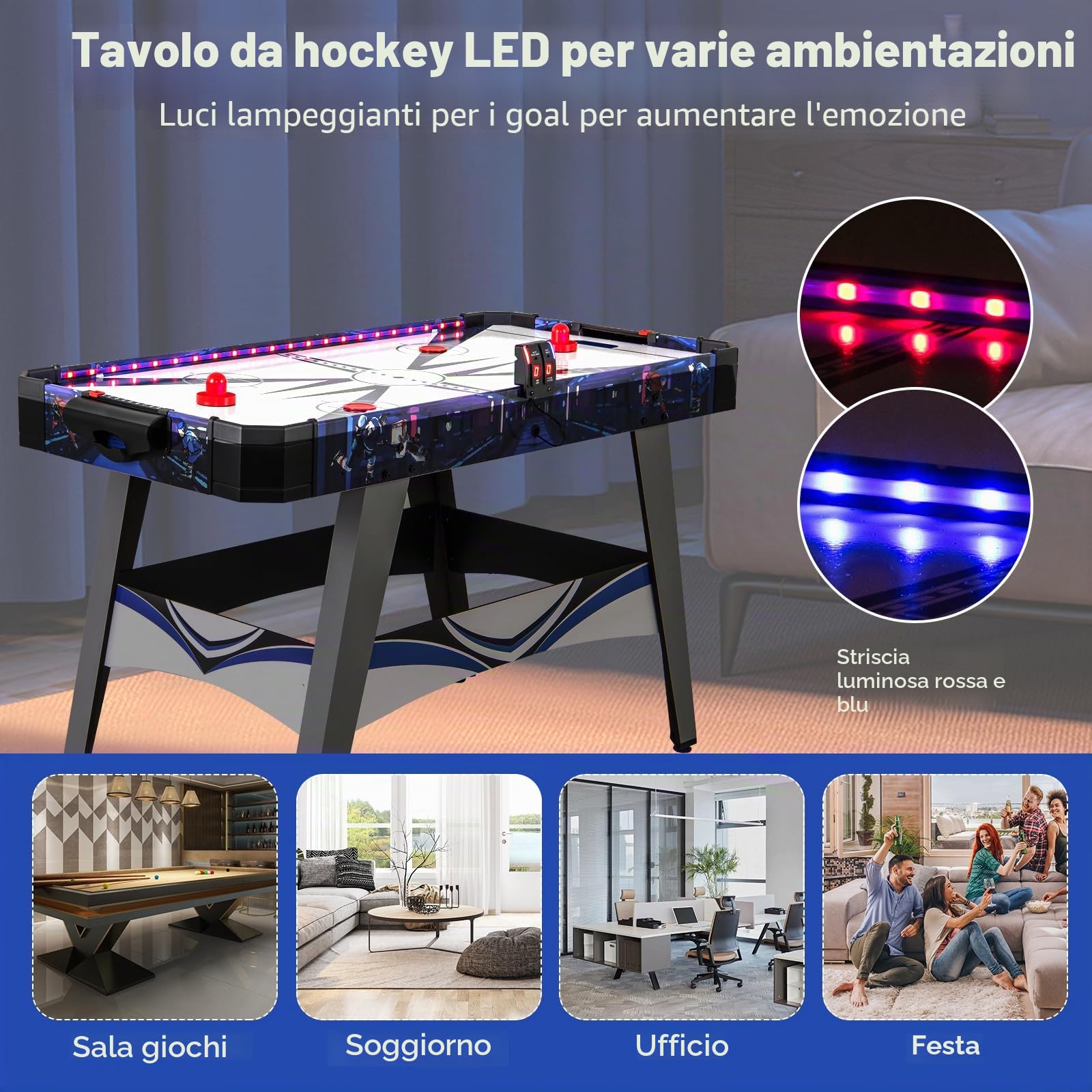 HOMASIS Hockey da Tavolo con 2 Spingitori e Dischi, Poggia Piedi Regolabili, Motore Potente da 12 V, Segnapunti, Air Hockey da Tavolo per Famiglia, Bar, Casa, 137 x 65 x 86 cm