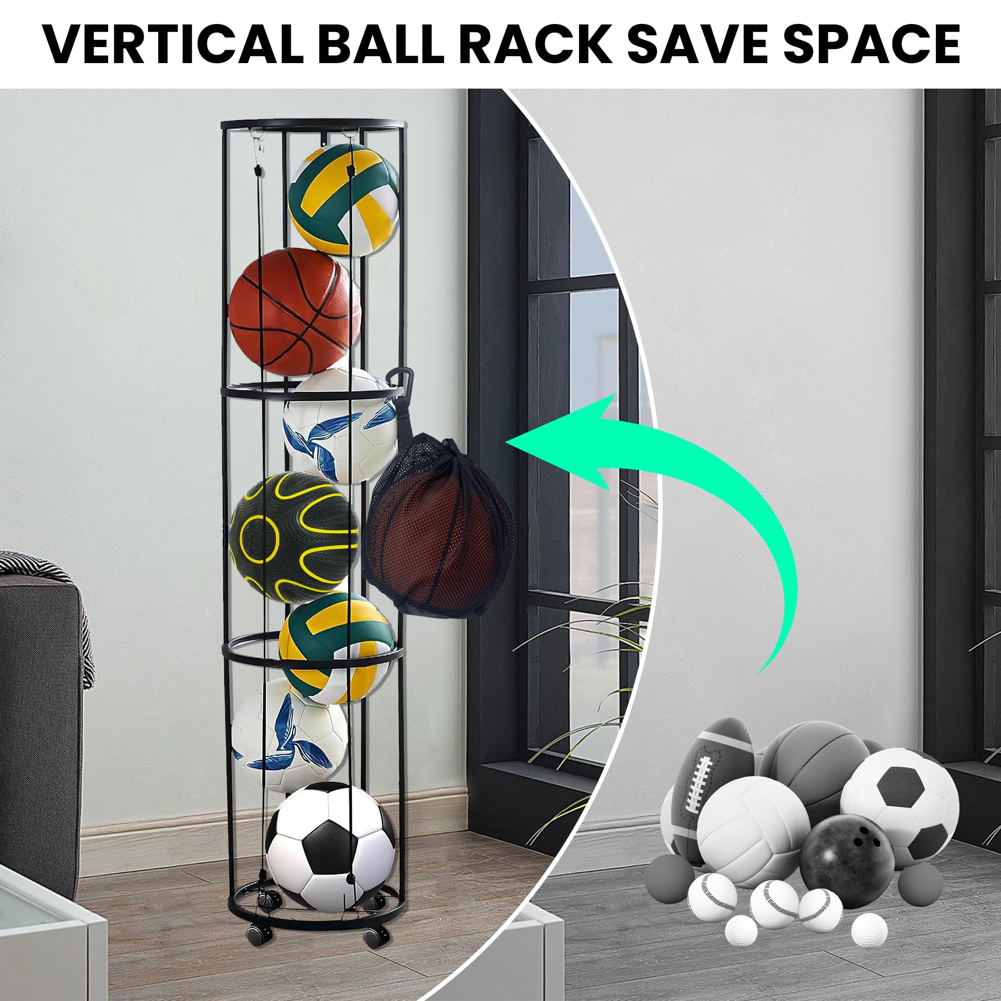 Shiawase 3 Tier Ballständer mit Rollen Sparende Abnehmbare Stehend Ballhalter mit Netto, Ball Aufbewahrungsregal, Garage Ball Aufbewahrung Sports Storage für Volleyball, Basketball, Fußball