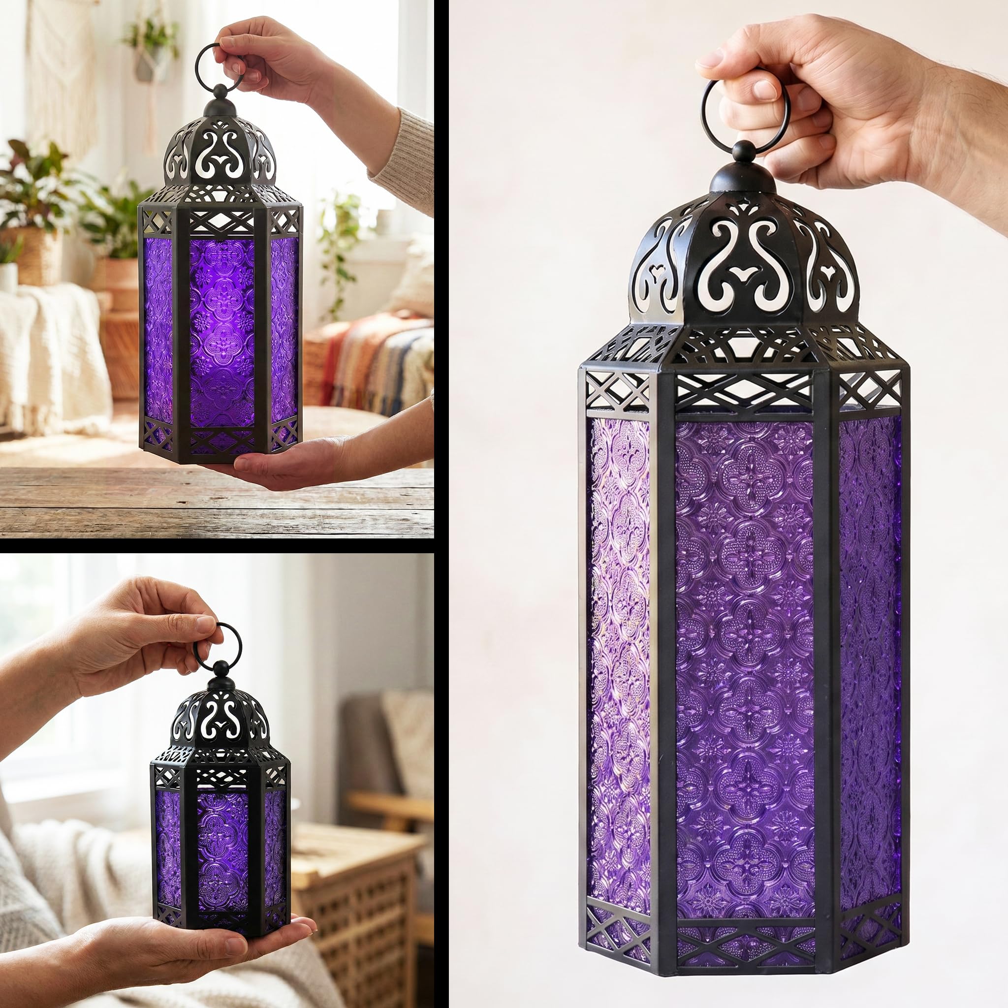 Vela Lanterns Zestaw 3 lampionów marokańskie świeczniki dekoracyjne na podłogę Ramadan dekoracja wnętrz dekoracja domu na zewnątrz patio ganek Halloween ślub fioletowy kolor