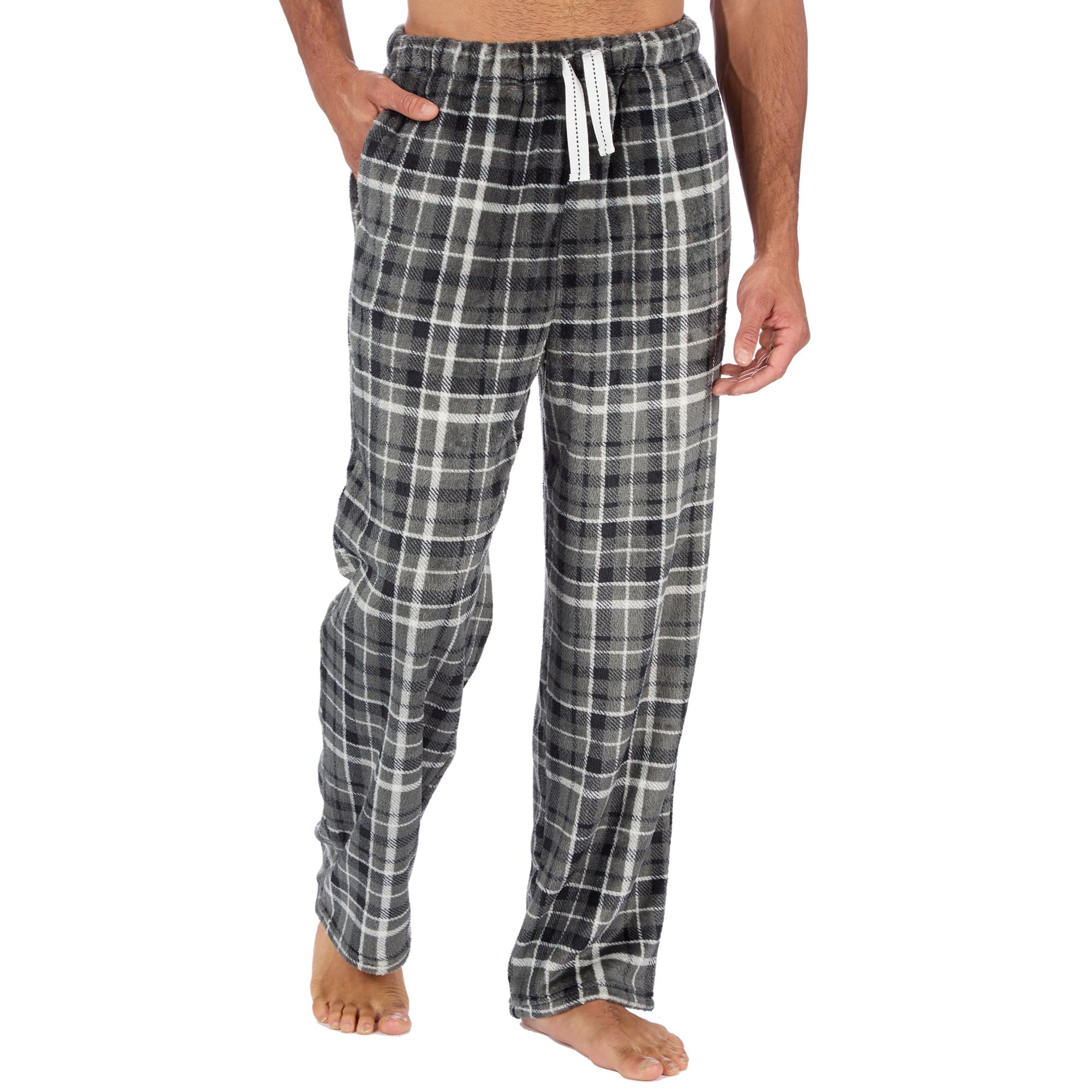 Metzuyan Mens Flannel Fleece Lounge Set Checked Pyjama Set Full Length Top and Bottoms Twoise Black Check Size Large