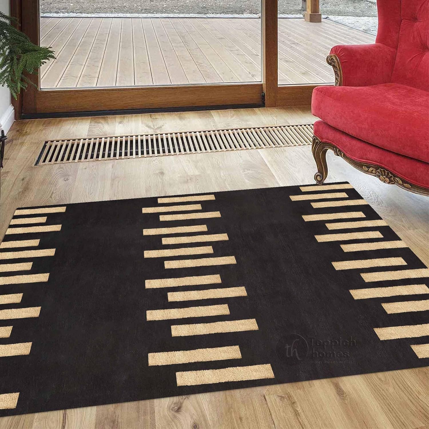 Hand Tufted Wool Area Rug Black & Beige, Luxury Modern Handmade Rug 7x10 for Living Room Bedroom Dining Room
