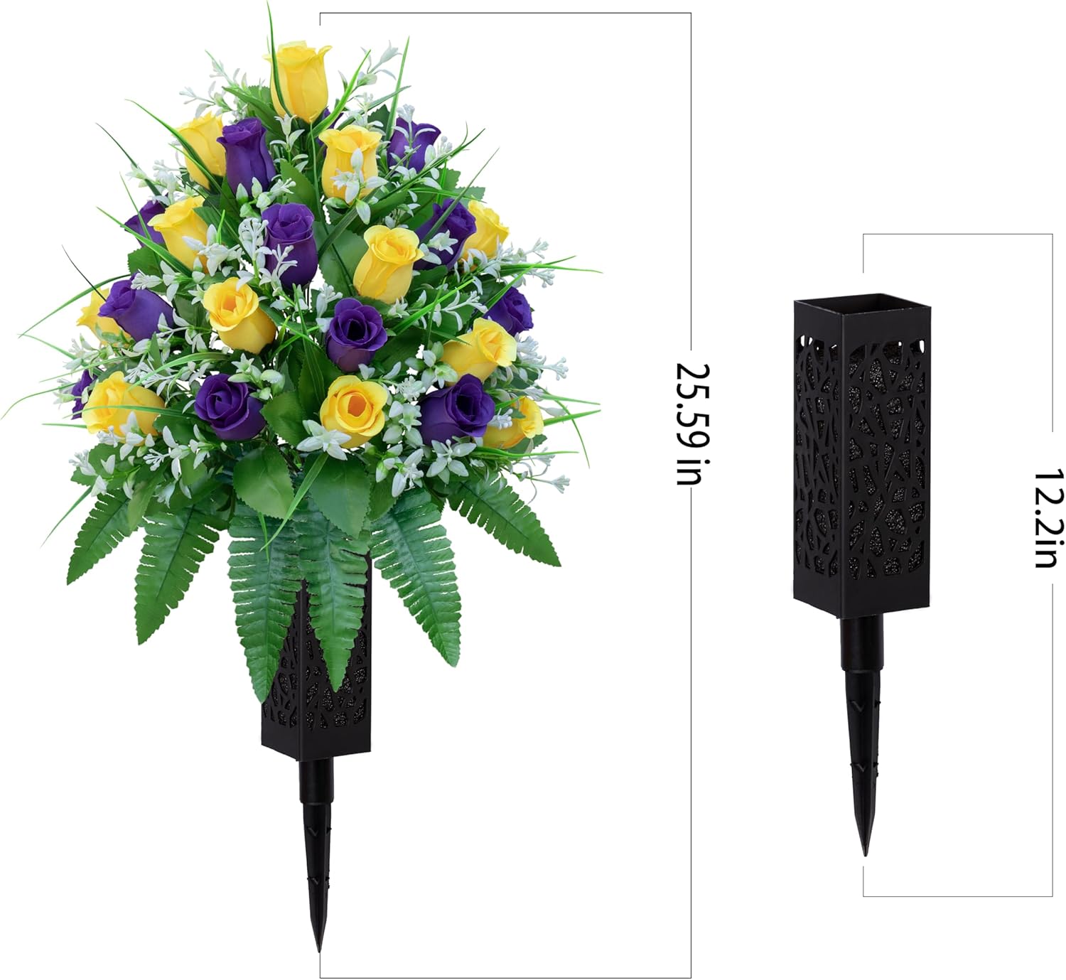 Artificial Cemetery Flowers, Gravesite Decoration Roses, Memorial Bouquets with Cemetery Vase, Vibrant and Long-Lasting Colors ( Yellow+Purple, 2 Bundles - Image 7