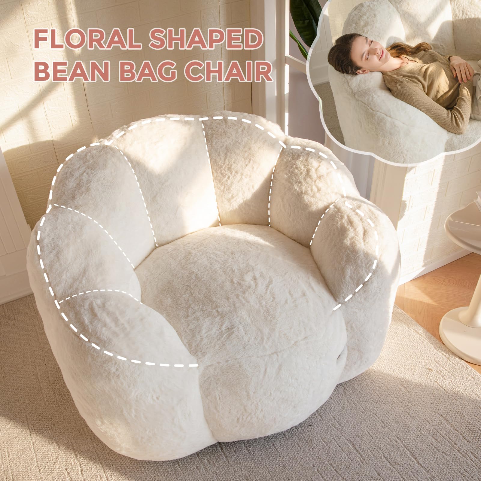 MAXYOYO Pouf Salon & Chambre, Floral Forme Bean Bag 2 Places avec Remplissage à Mémoire de Forme, Fausse Fourrure Douce, Taille Géante Fauteuil Pouf Poire | Pouf poire en forme de fleur avec rembourrage en fausse fourrure douce pour salon, chambre à couch