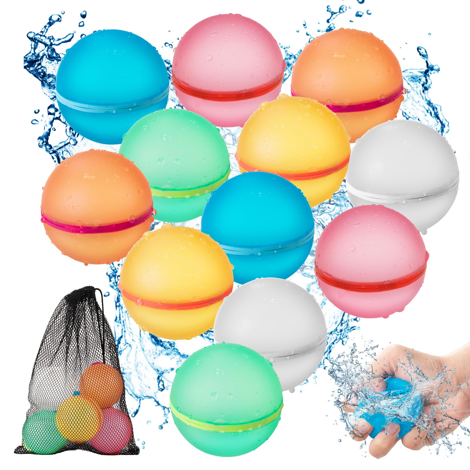 12 Stück Wasserbomben Wiederverwendbar, Selbstschließende Silikon Wasserbomben mit Mesh Tasche, Wasserbombens Set, Geeignet für Kinder, Erwachsene, Strand, Poolparty