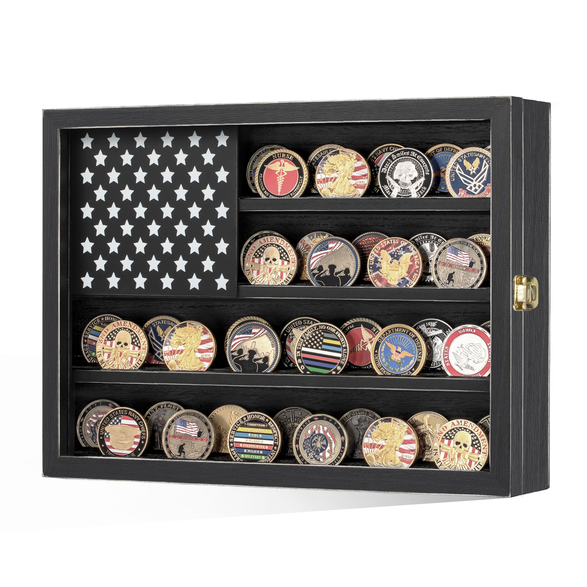 ミリタリーチャレンジコインディスプレイケース、16インチx12インチの木製アメリカ国旗メダルシャドーボックス、色あせ防止UHDアクリ Kacornコイン ディスプレイケース ミリタリーチャレンジコインホルダー 厚みのあるアクリル蓋と引き出し付き ULTRGEE チャレンジコイン ...