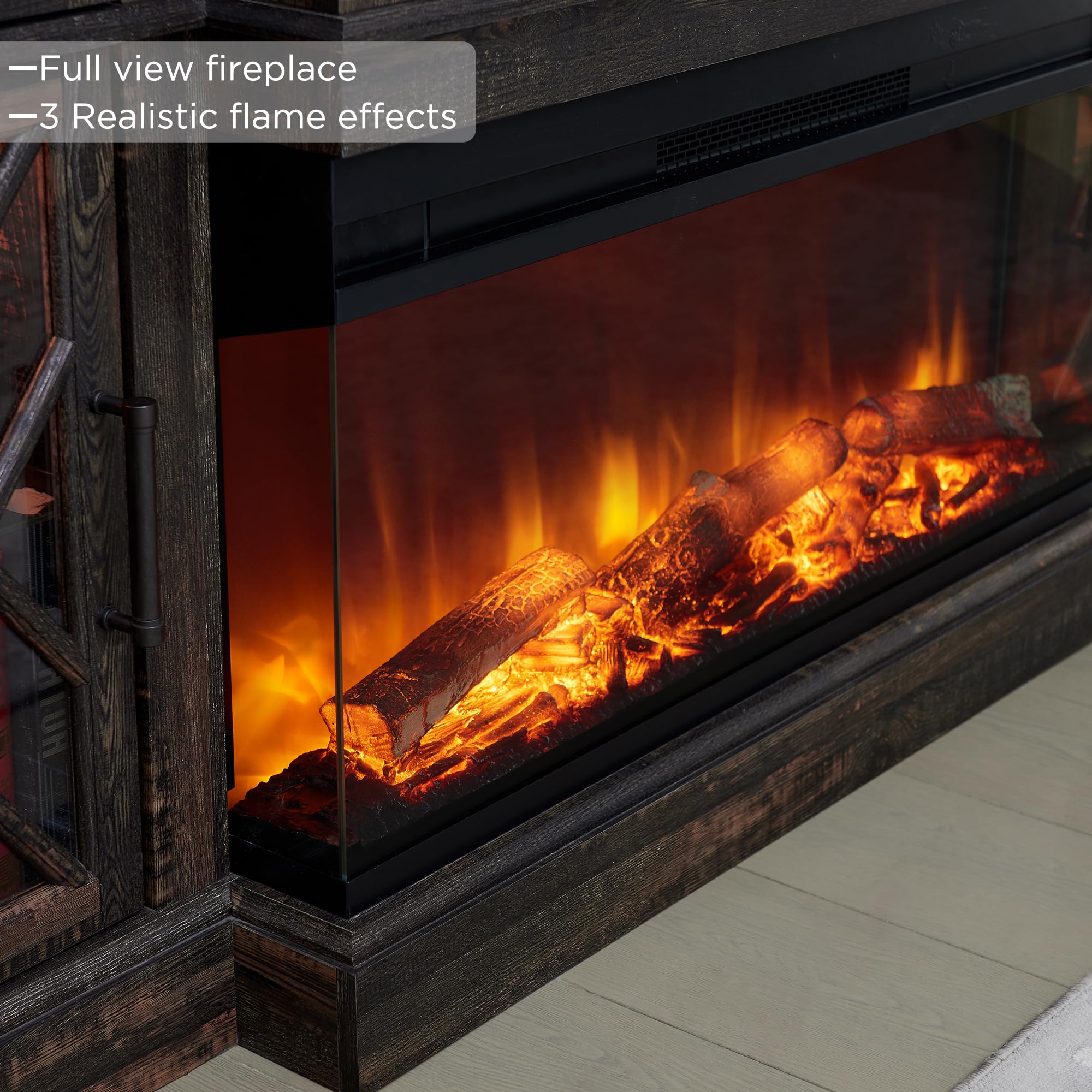 OKD 3-Sided Glass Farmhouse Fireplace TV Stand for TVs up to 80'', Highboy Entertainment Center with Glass Door Storage Cabinet, 70'' Large TV Stands with 36'' Electric Fireplace, Dark Rustic Oak