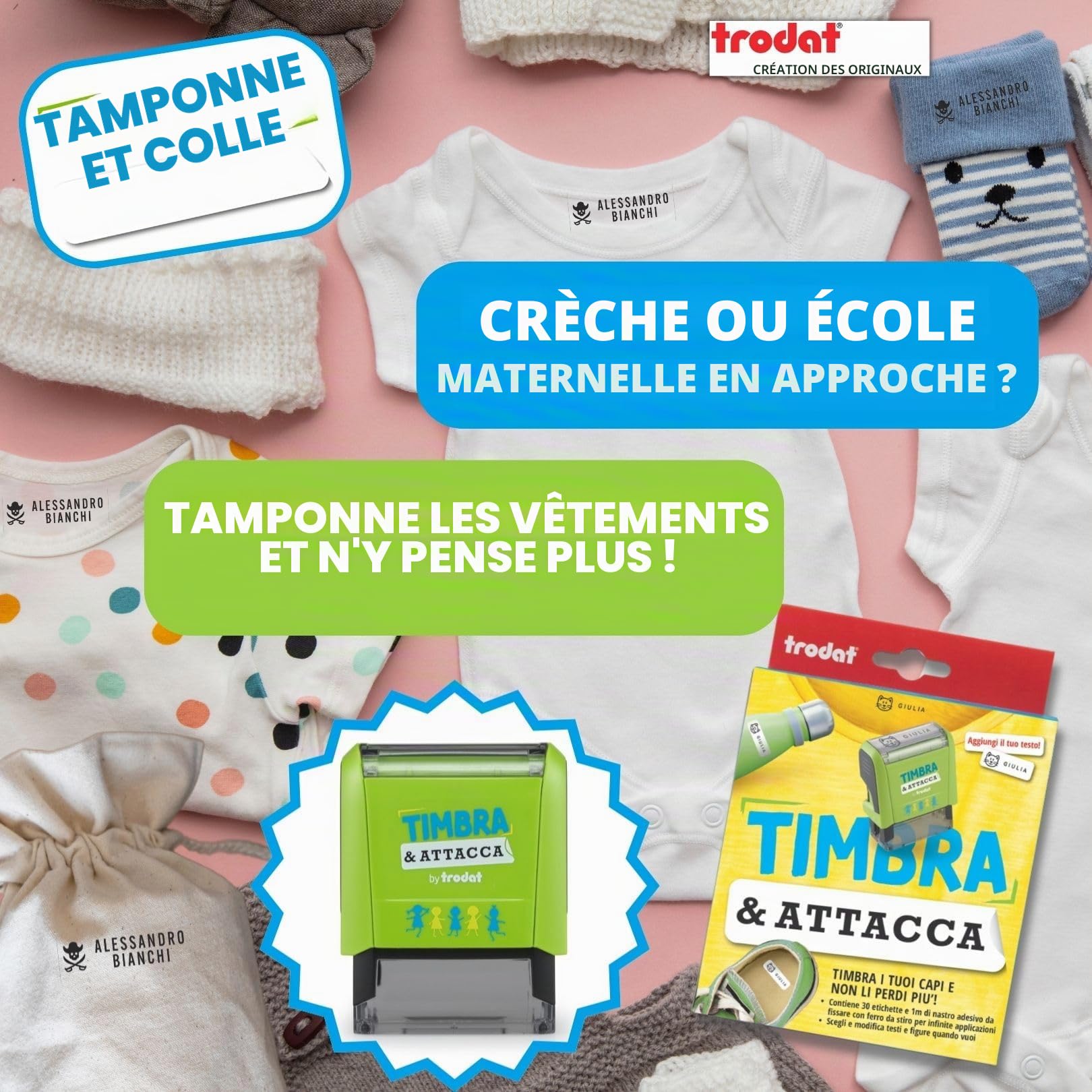 Trodat Tampon et Attache, Tampon Vêtements pour enfants pour la maternelle pour créer des étiquettes autocollantes personnalisées, pour ensemble de maternelle, tampon, polices, pincettes, ruban