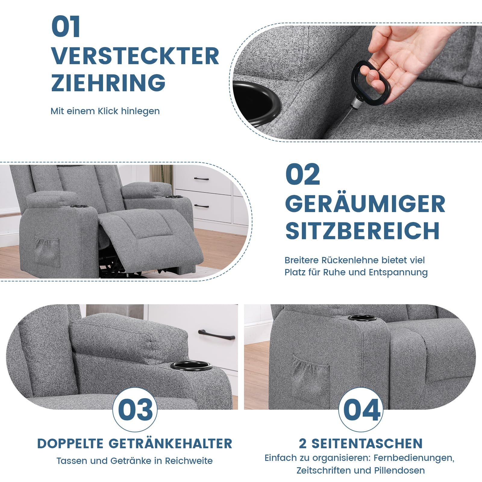 COMHOMA Relaxsessel aus Stoff für Wohnzimmer mit Manuell Verstellbarer Rückenlehne, Ausziehbarer Fußstütze, 360° Drehfunktion, Becherhaltern, Seitentaschen und Ergonomischem Design, Dunkelgrau
