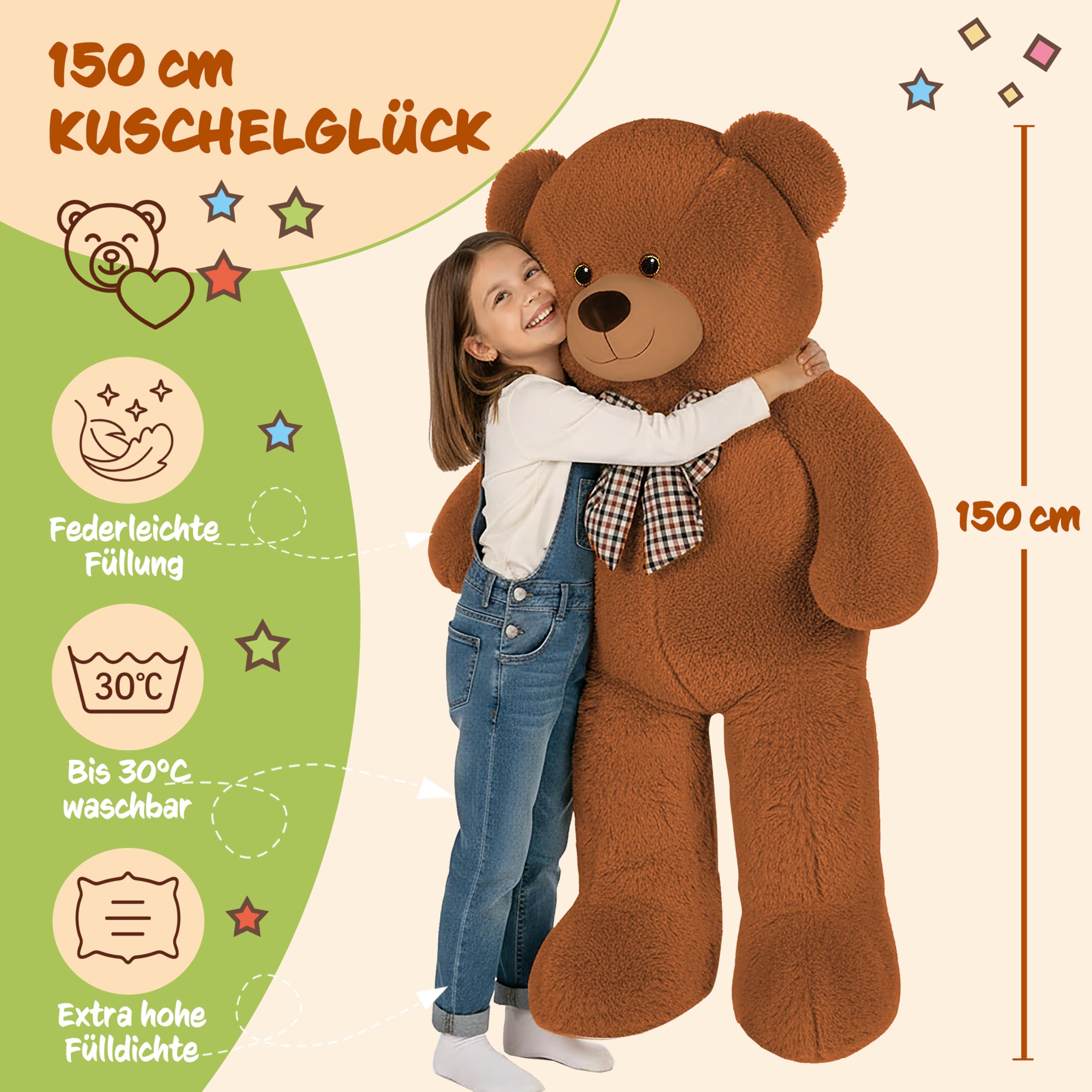 Monzana® Teddybär L - XXXL 50-175cm Weiches Fell Schleife Tatzendruck Geschenk Plüschtier Kuscheltier Stofftier Riesen Teddy Bär