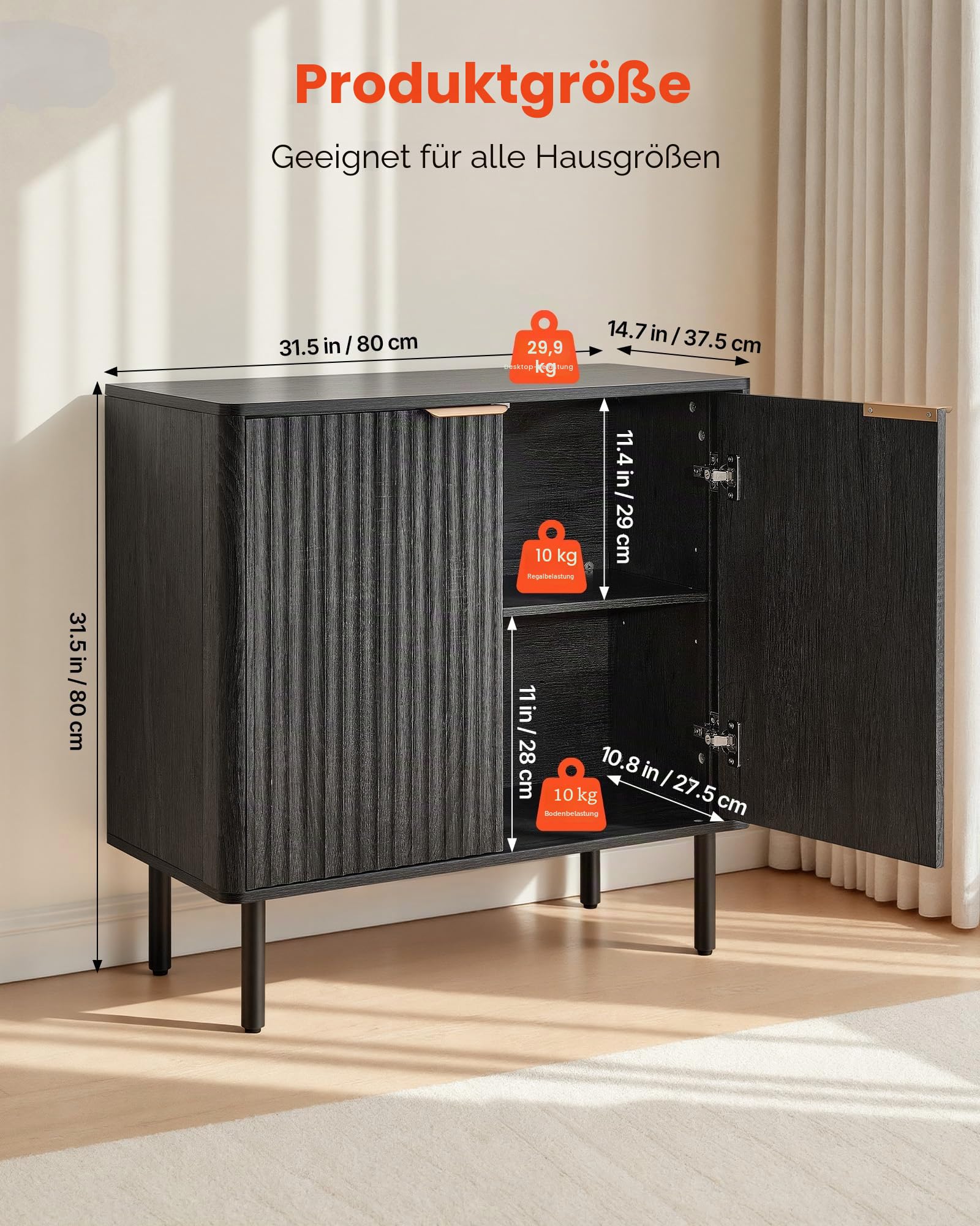 VEVOR Sideboard Küchenschrank mit 2 Ablageflächen, Buffetschrank im mittelalterlichen Stil für Wohnzimmer Eingangsbereich Küche, Aufbewahrungsschrank 80 x 37,5 x 80 cm Küchenbuffet Schwarz