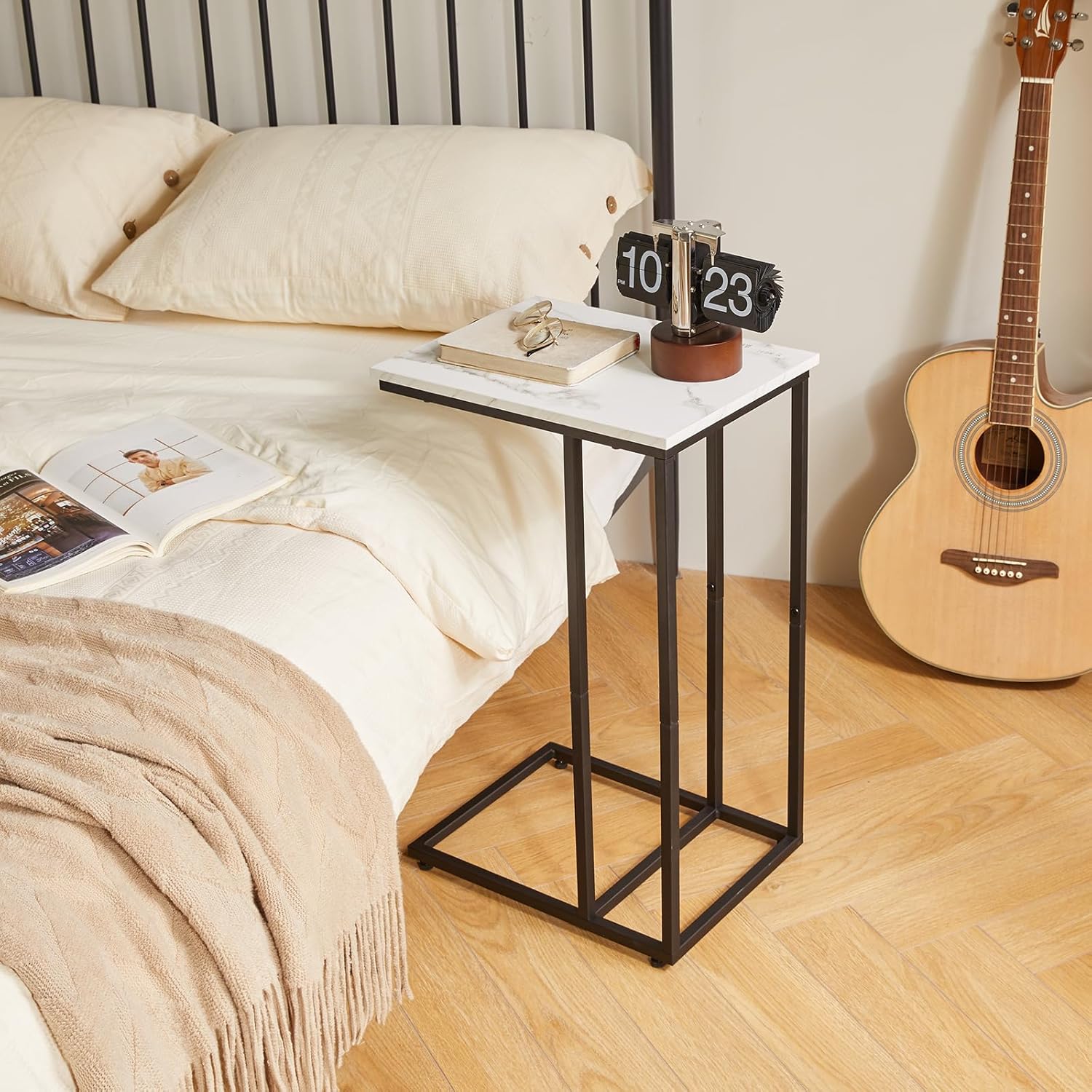 Side Table Small End Table C Shaped, Slide Under Laptop Desk for Couch, Living Room Side Table Set of 2, TV Trays for Eating on Couch, Faux Marble+Black YD-TM051B-2