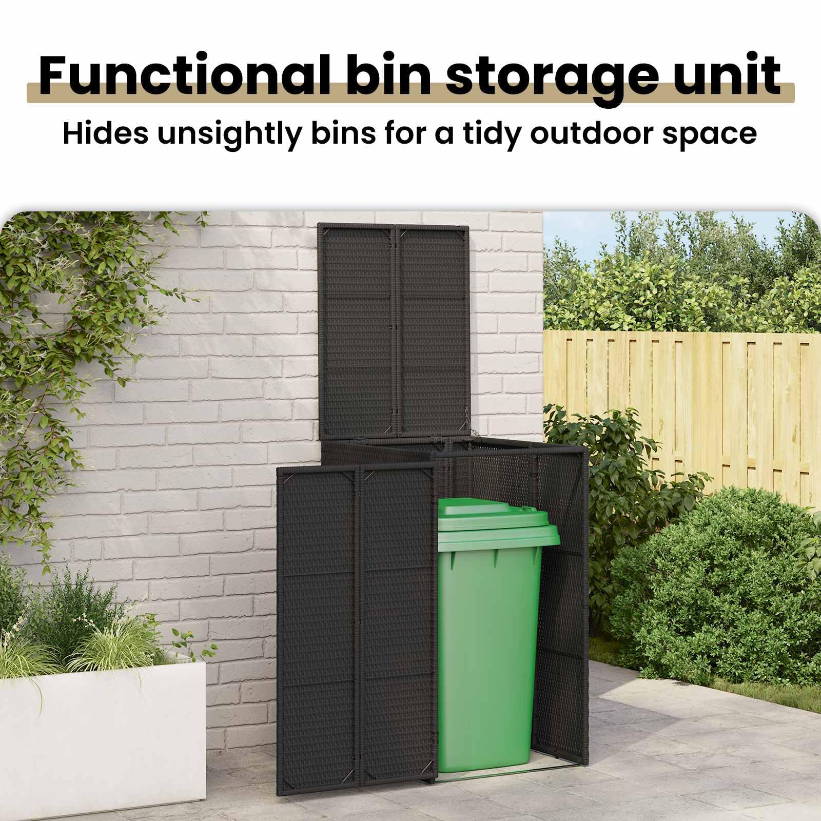 vidaXL Mülltonnenbox Schwarz 65 x 80 x 115 cm Polyethylen, Garten und Terrasse, moderner Lagerbehälter, wetterfester Box für Müll oder Terrassen-Zubehör