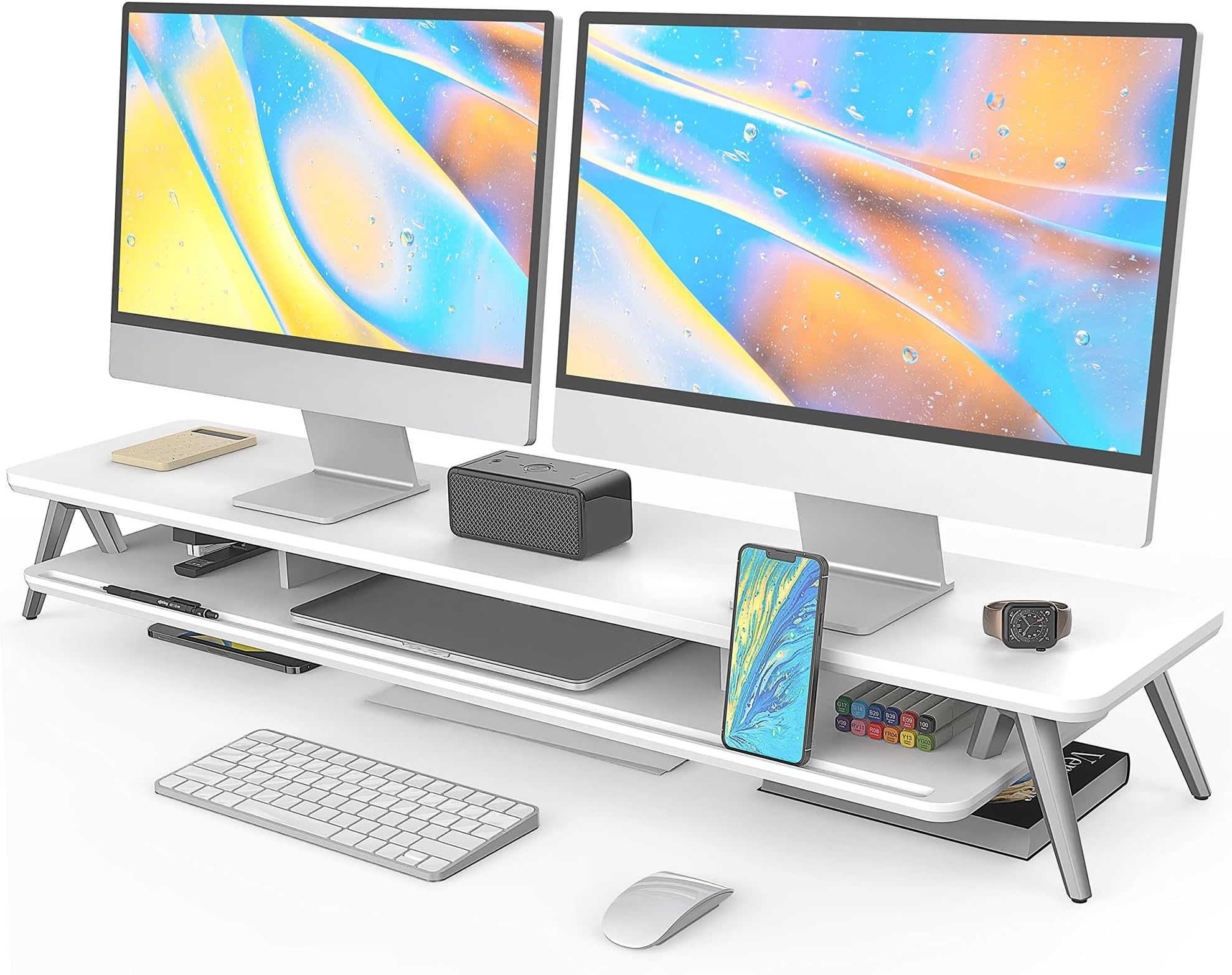 Dual Monitor Stand, Monitor Stands Riser for 2 monitors, 42.5 Inch Wood Desk Shelf with Storage Organizer and Cable Management for Office Desk Accessories