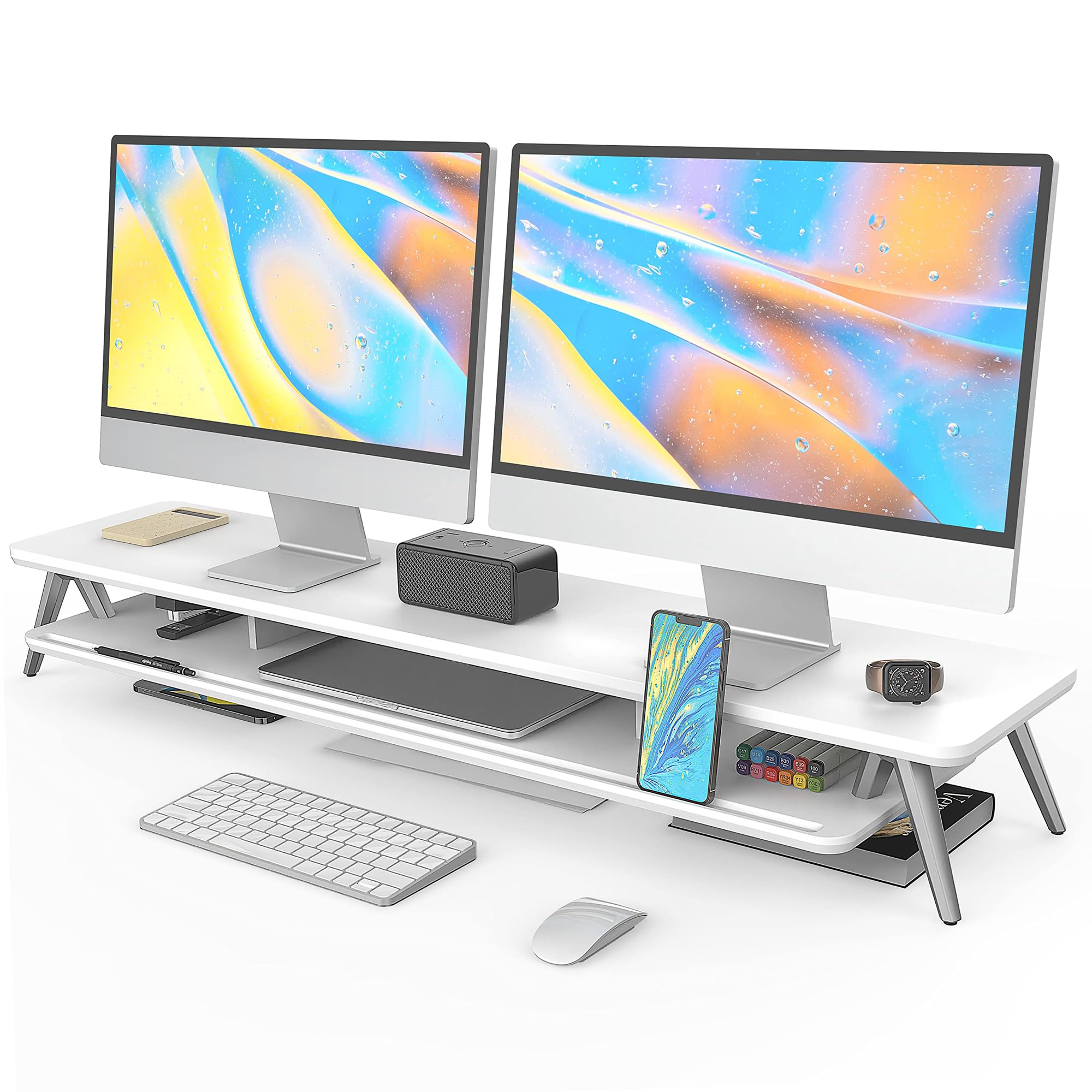 Fenge Dual Monitor Stand – Computer Monitor Riser, Wood Desktop Stand , Desk Accessories, Office Supplies-image-48