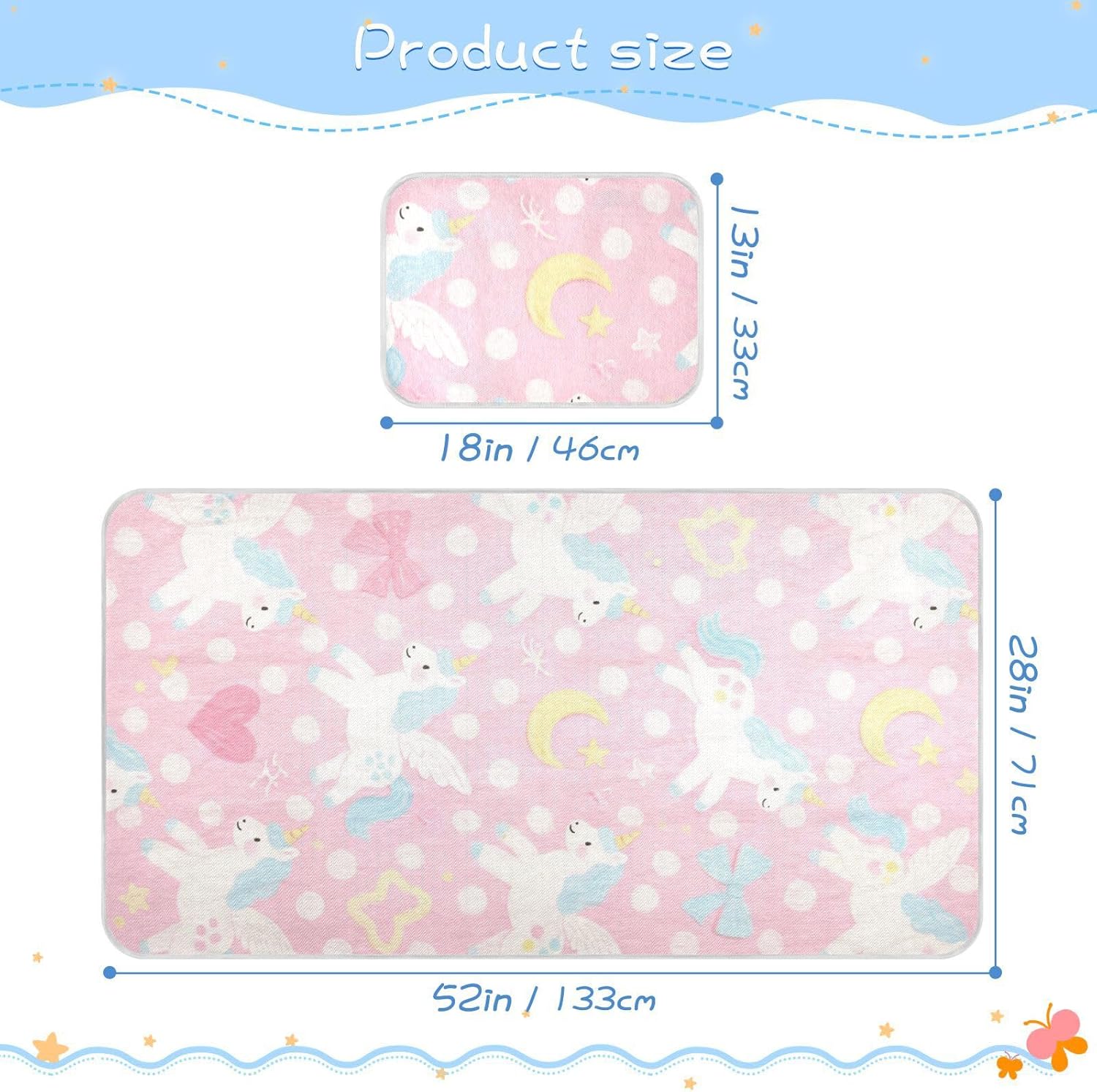 Cute Cartoon White Rainbow Unicorns Cooling Baby Mattress Protector Pads 28" x 52" Absorbent Mattress Pads for Baby&Toddler