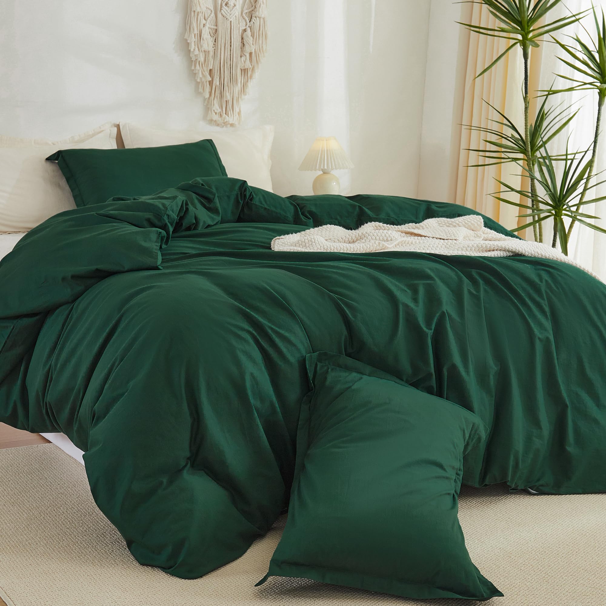 Litanika Cotton Duvet Cover Queen Dark Emerald Green - Linen Like Textured Duvet Cover Queen Size, Soft Breathable Queen Bedding Duvet Cover Set for All Season (Queen, 90"x90", Comforter Not Included)