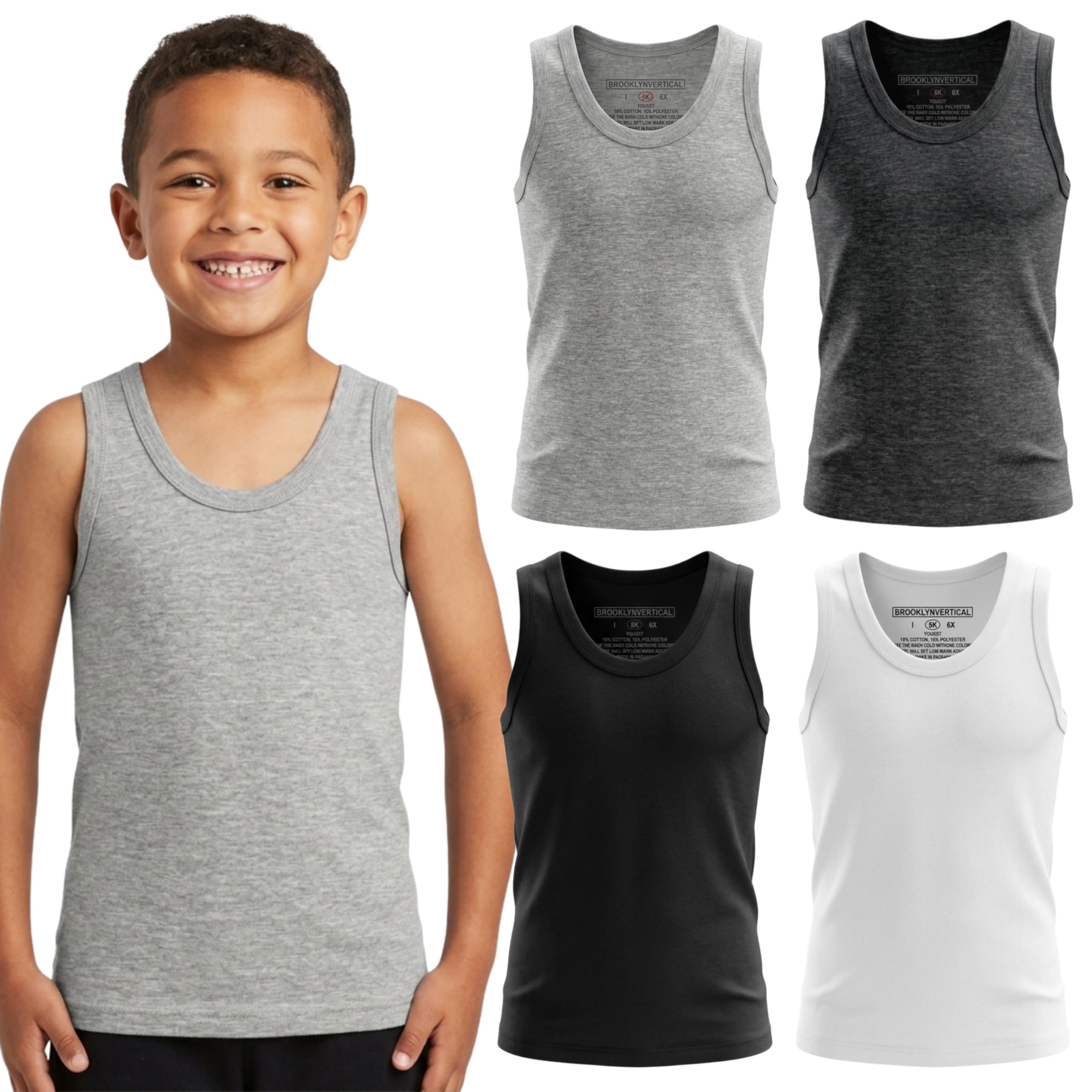 BROOKLYN VERTICAL Boys 4 Pack Undershirt Tank Top - Tagless Cotton Super Soft Runs Small