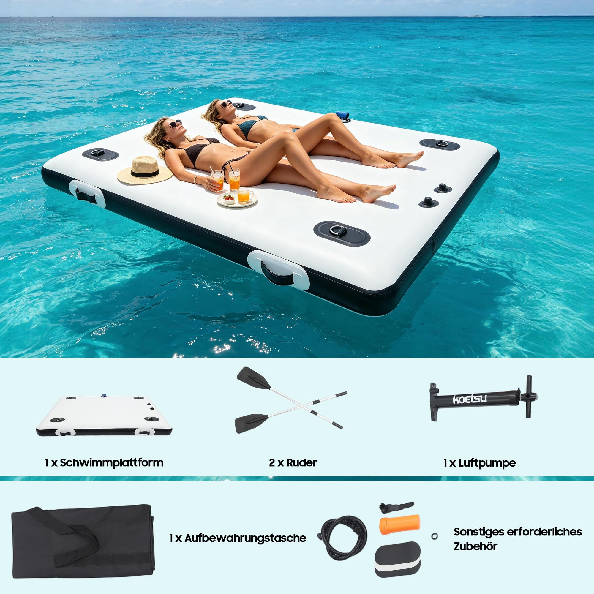 Aufblasbare schwimmende Plattform, 2 x 1,5 m PVC Schlauchboot für Angler, Fishing Plattform mit 2 Rudern und Luftpumpe, Tragkraft 400 kg, für See Schwimmbad Yoga Weiß Schwarz