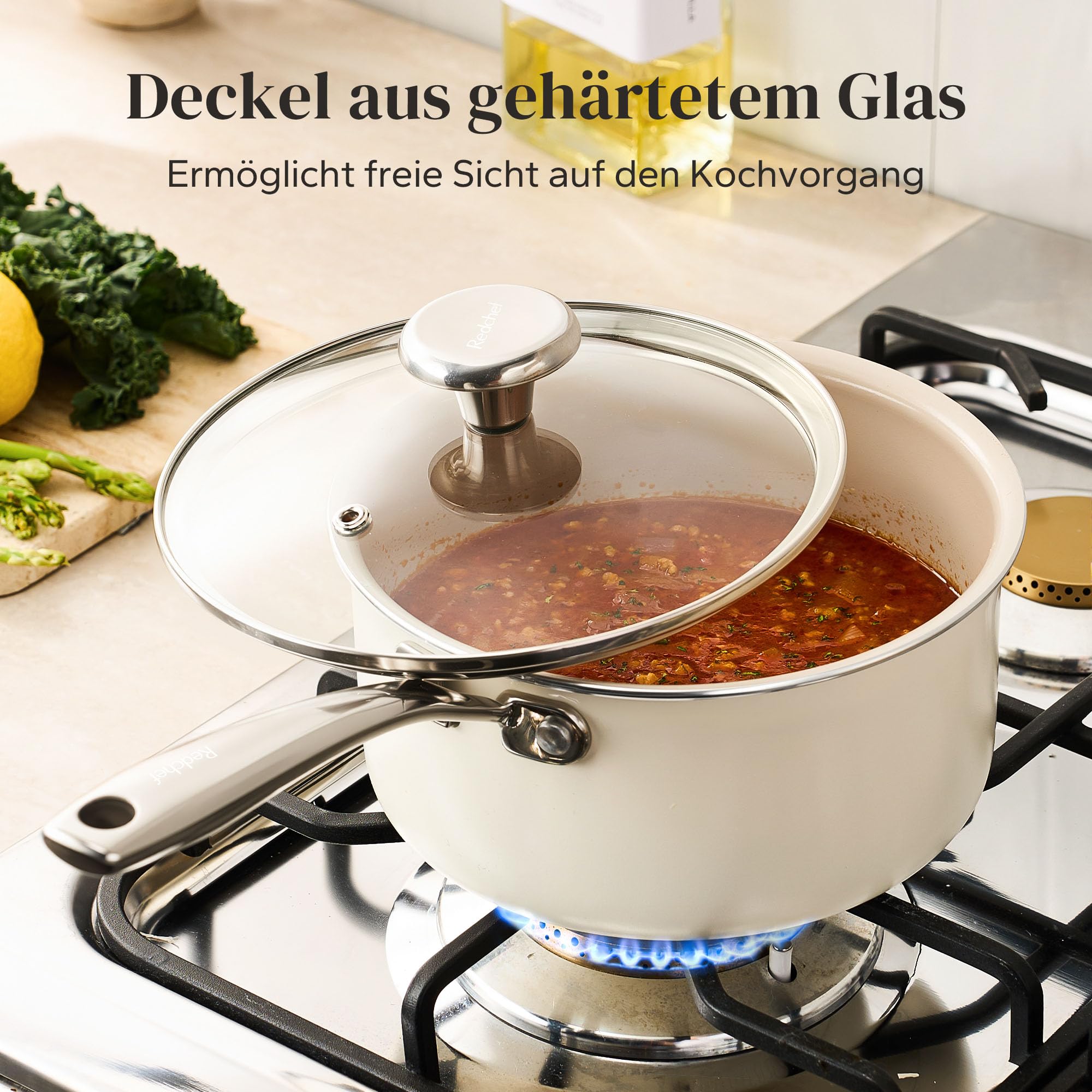 Redchef Keramik Kochtopfset, Topfset Induktion 6-teilig mit Glasdeckel, Kochtöpfen 24 cm, Kasserolle 18 cm, 20 cm für alle Herdarten & Backofenfest, Induktionsgeeignet (Beige)