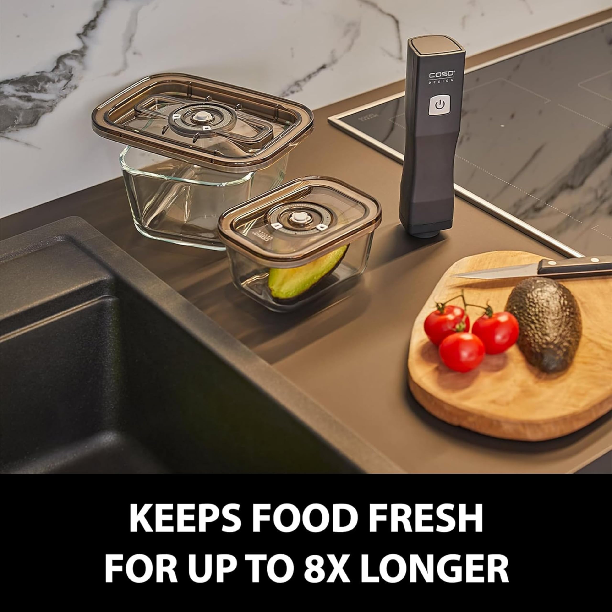 CASO Vacu OneTouch Eco-Set - Aspirador manual al vacío de Alimentos incluye 3 recipientes de vidrio y 10 bolsas ZIP - con hasta 150 minutos de autonomía - Envasadora al vacío doméstica - negro