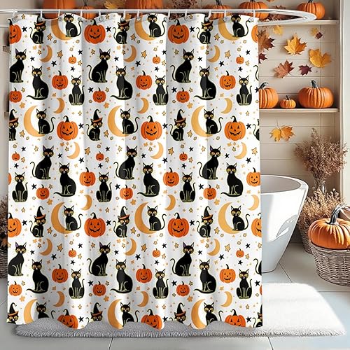 Miniatura 7 de Cortina de ducha de Halloween de 72 x 72 pulgadas, cortinas de ducha de gato negro para baño con ganchos, decoración de baño de Halloween, hogar,