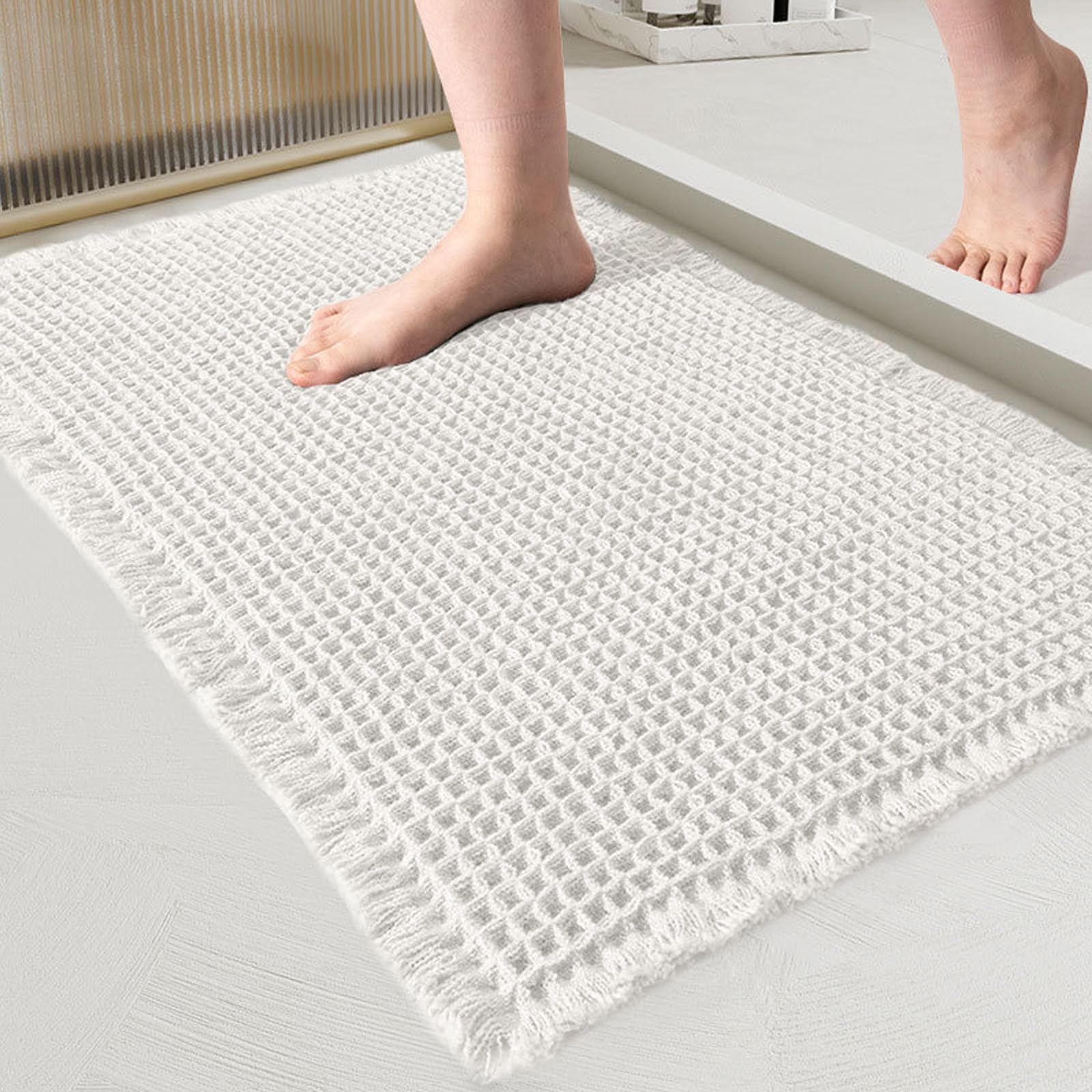 Tapis de Bain en Coton Gaufre Antidérapant 60 x 90 cm Blanc