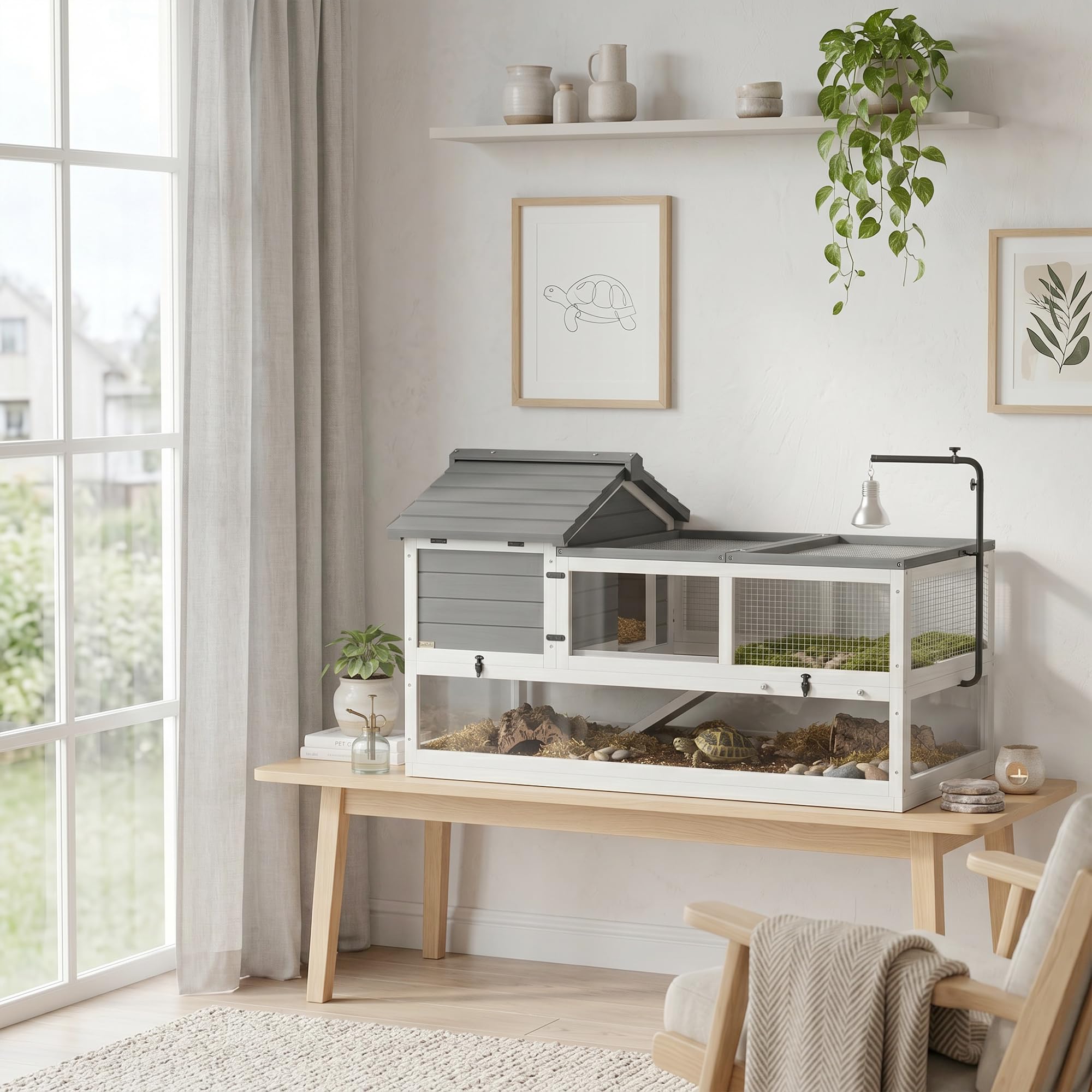PawHut Drewniane terrarium zewnętrzne dla żółwia 116x70,5x69,5 cm Szary | Wybieg dla żółwia, dwa główne domy, uchylna góra, uchwyt na lampę, klatka dla gadów, dla żółwi i gadów