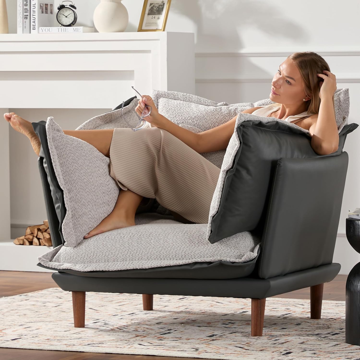 Oversized Armchair Accent Chair Reading Chair with 4 Cushions,Single Sofa Lounge Living Room Chair with Feather and Doll-Cotton,43.5' Width,21.3'' Seat (Blue Gray)