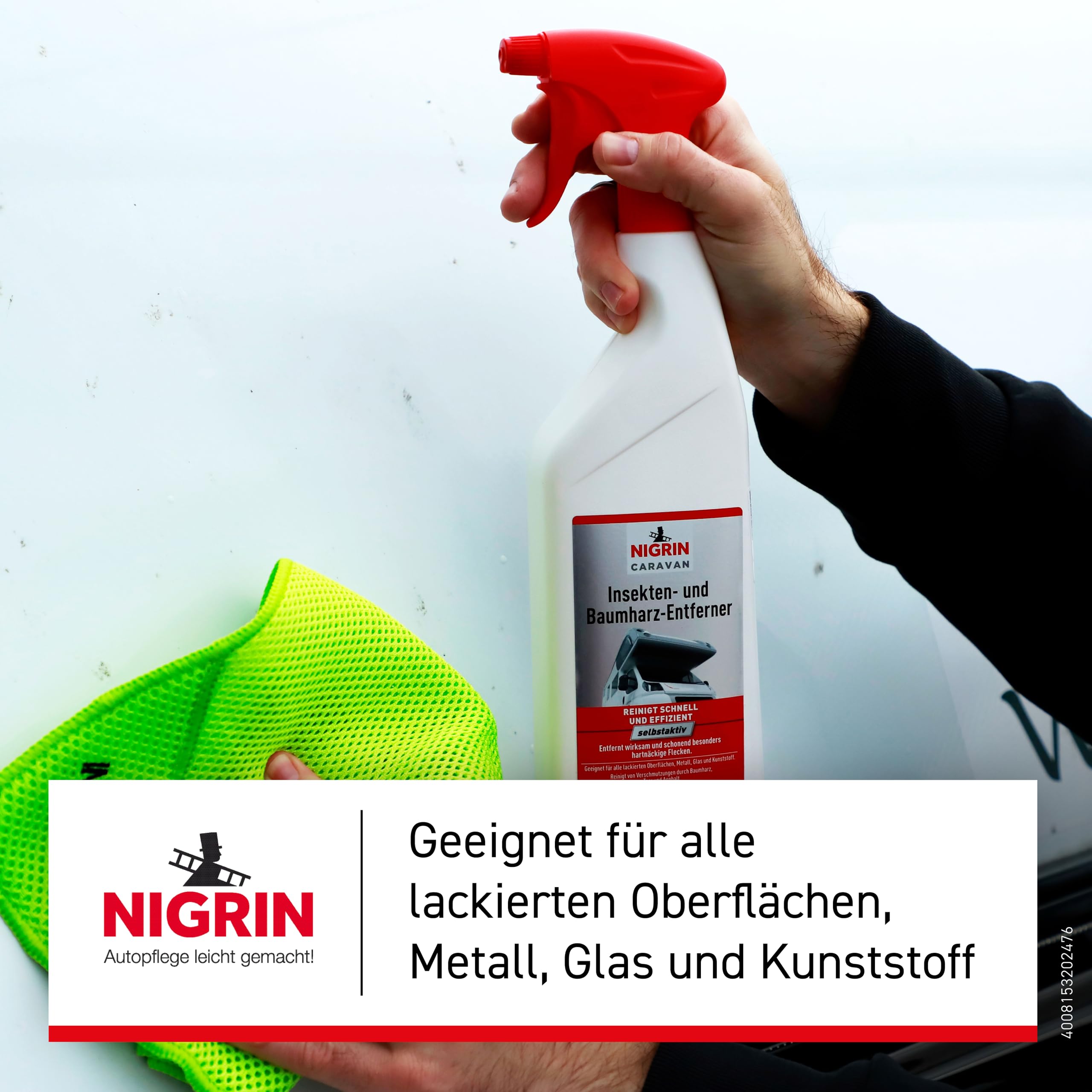 NIGRIN CARAVAN Removedor para insectos y resinas de árboles, limpia rápida y eficientemente, adecuado para todas las superficies pintadas, metal, vidrio y plástico, disuelve los residuos de insectos