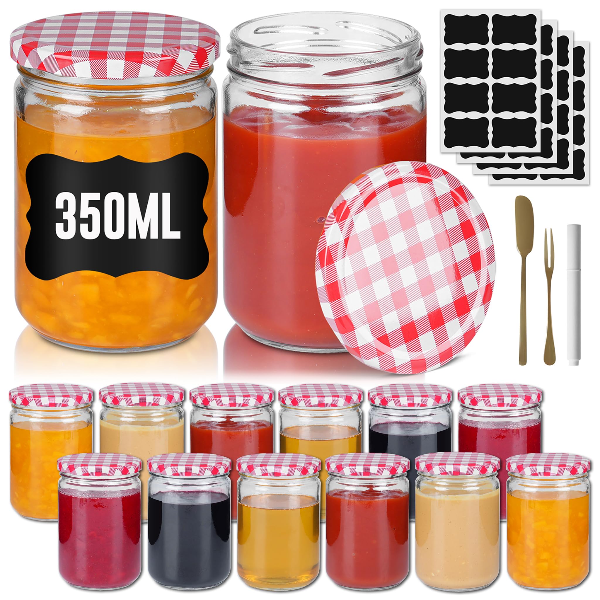 24 barattoli per conserve con coperchio a vite, per marmellata, miele, yogurt, barattoli rotondi con etichette, coltello da frutta e forchetta, 350 ml, con coperchio a quadri