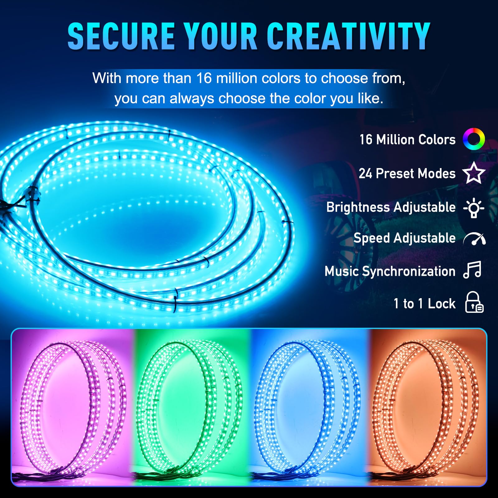 AddSafety 4PCS 17inch RGB LED Wheel Ring Light Kit Bluetooth Control w/Turn Signal and Braking Function (Double Side)