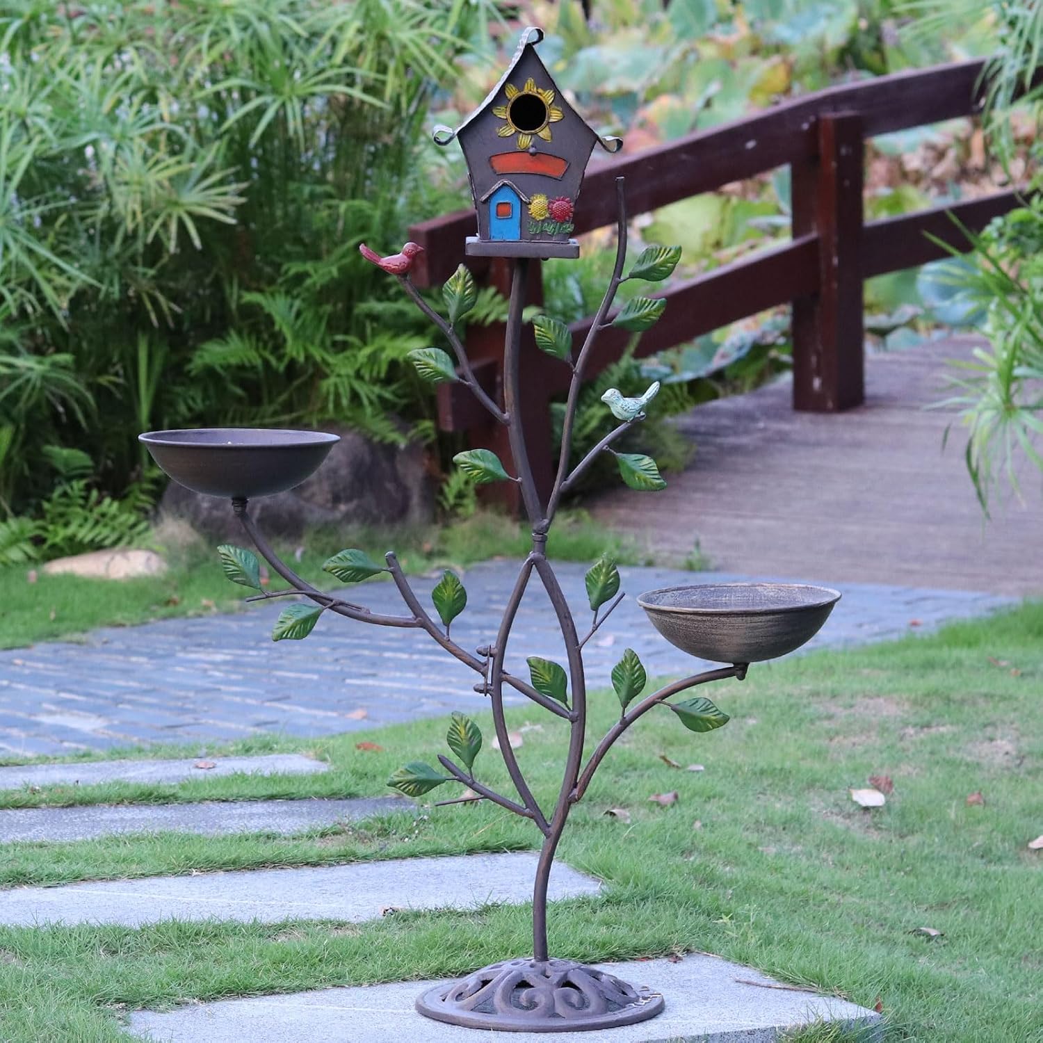 Metal Bird Houses for Outside, Bird Feeder and Bird Bath,3-in-1,Freestanding with Cast Iron Base, Outdoor Garden & Courtyard Decoration