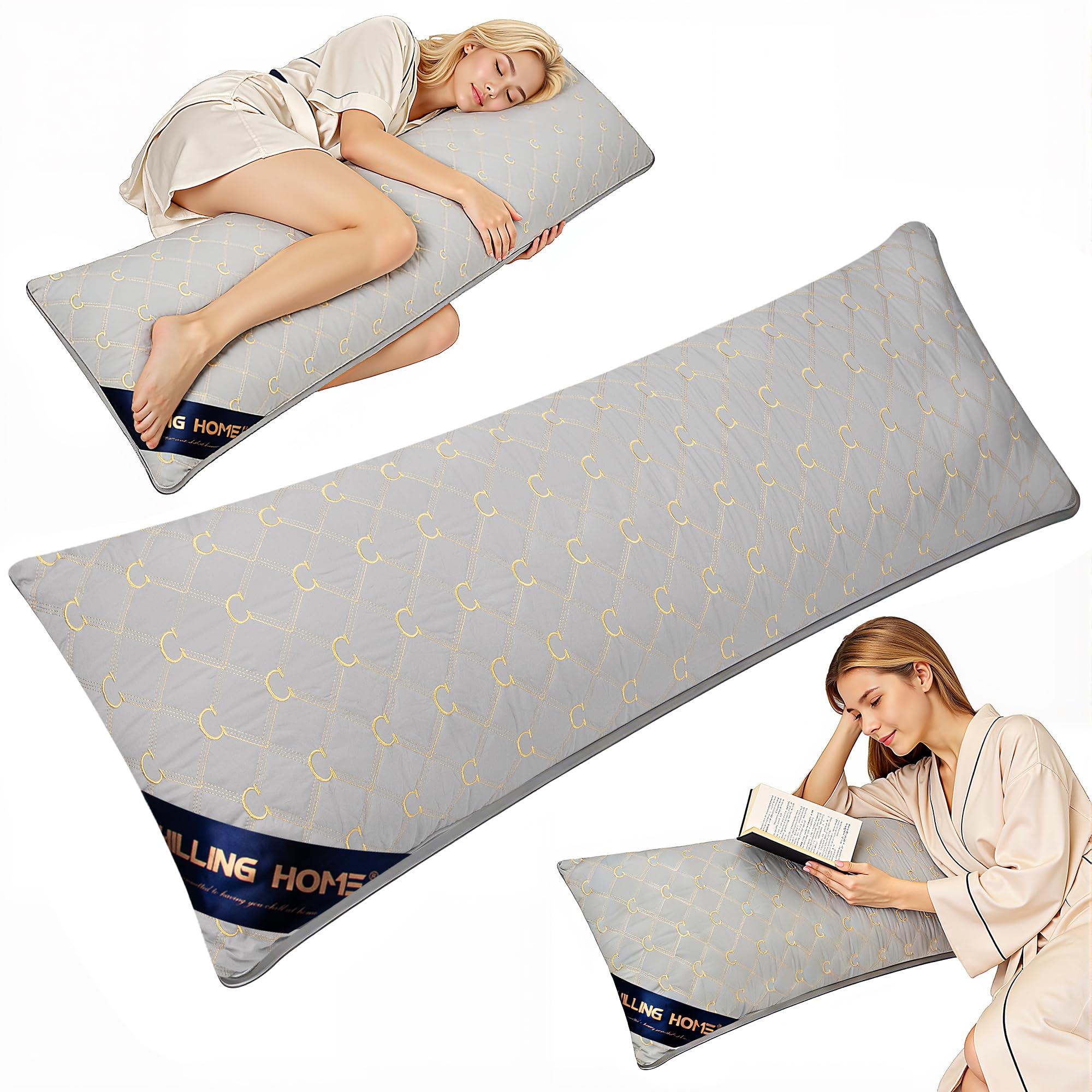 Chilling Home Seitenschläferkissen mit Bezug, Bestickte Schwangerschaftskissen Body Pillow, 137 x 53 cm Stillkissen Langes Kissen für Seitenschläfer(Grau-Gold)