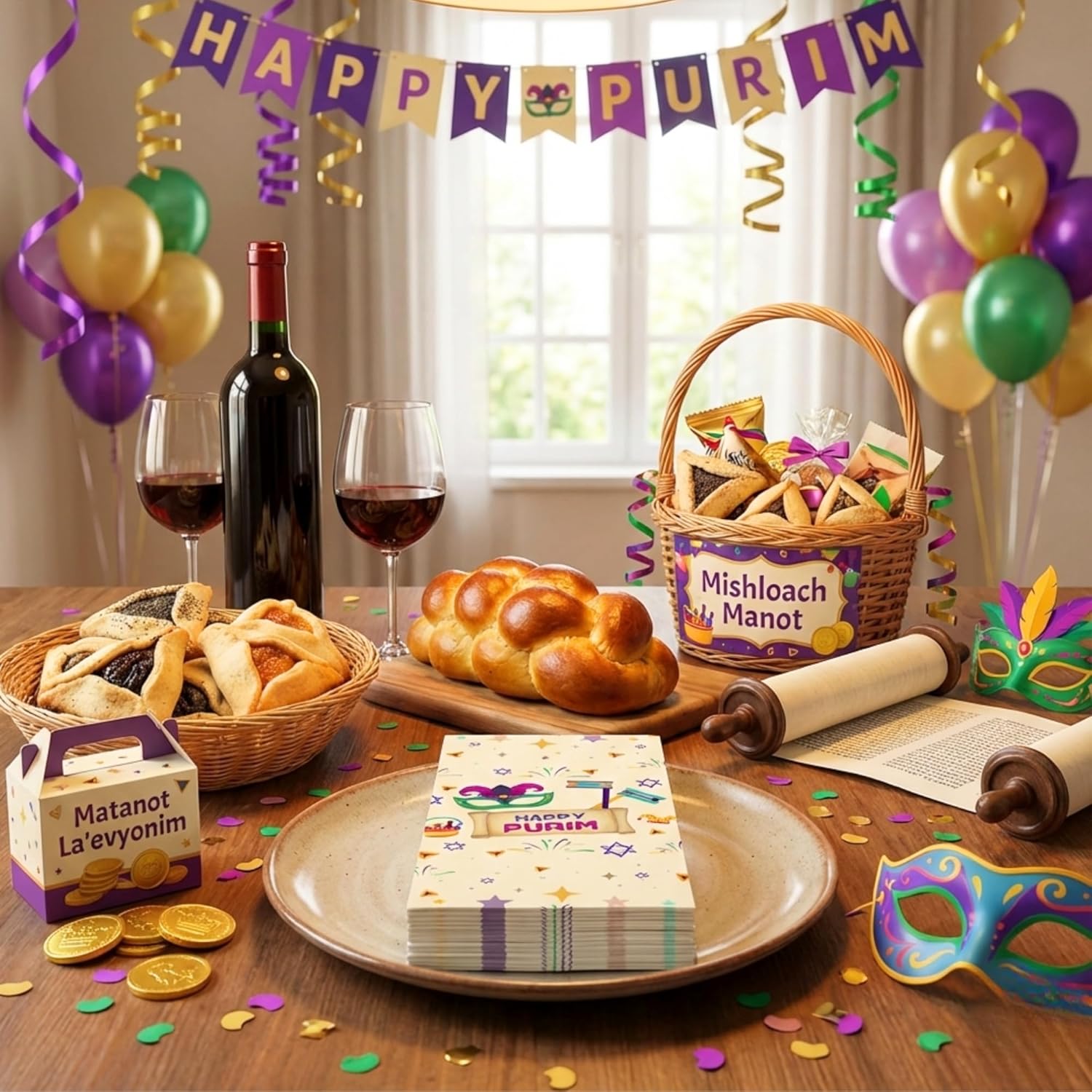 Queen of Cards Purim Scroll Design Dinner Napkins for Jewish Holiday Celebration – Festive Mask & Clown Party Guest Towel Napkins, Disposable Linen-Like Purim Decorations Napkin (25, 50,100 Pack)
