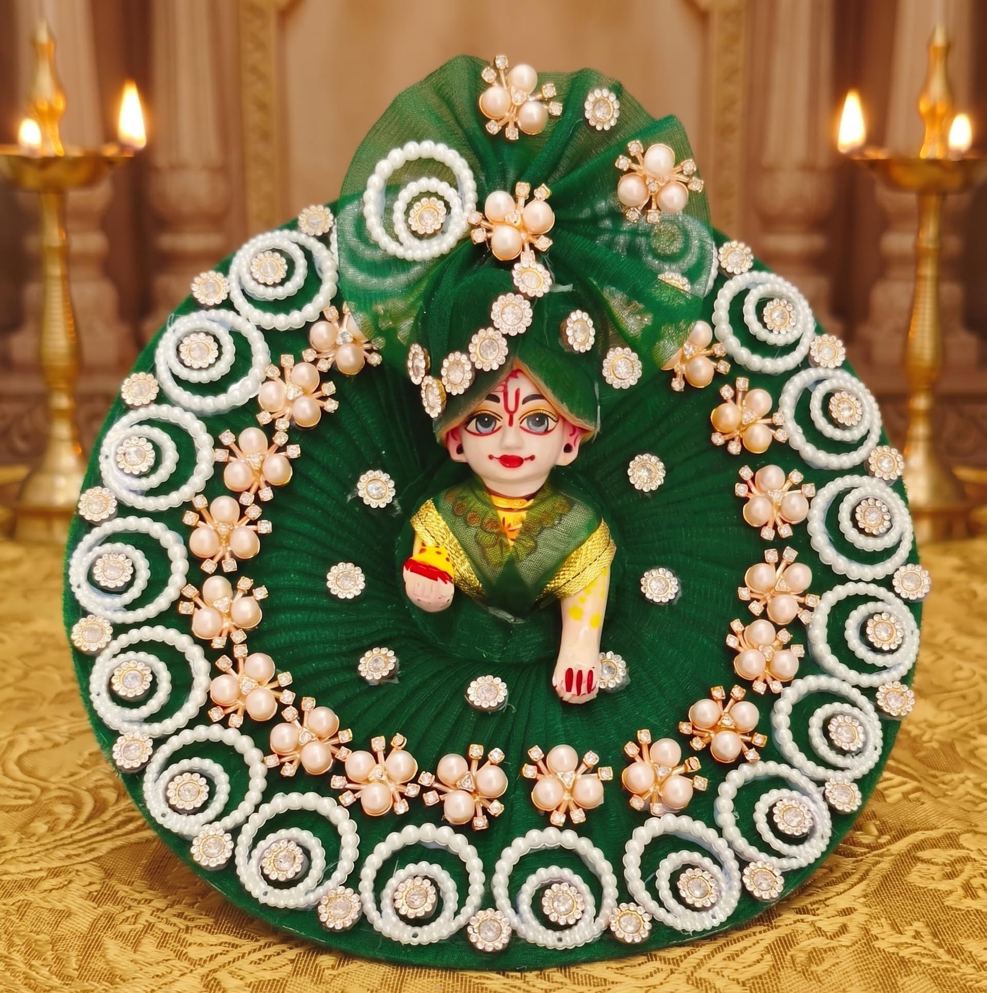 Size 3 Laddu Gopal Dress with Pearl & Crystal Embellishments, Green | Handcrafted Design, Pearl Floral Motifs, Poshak Outfit, Festive Wear, Deity Costume-image-19