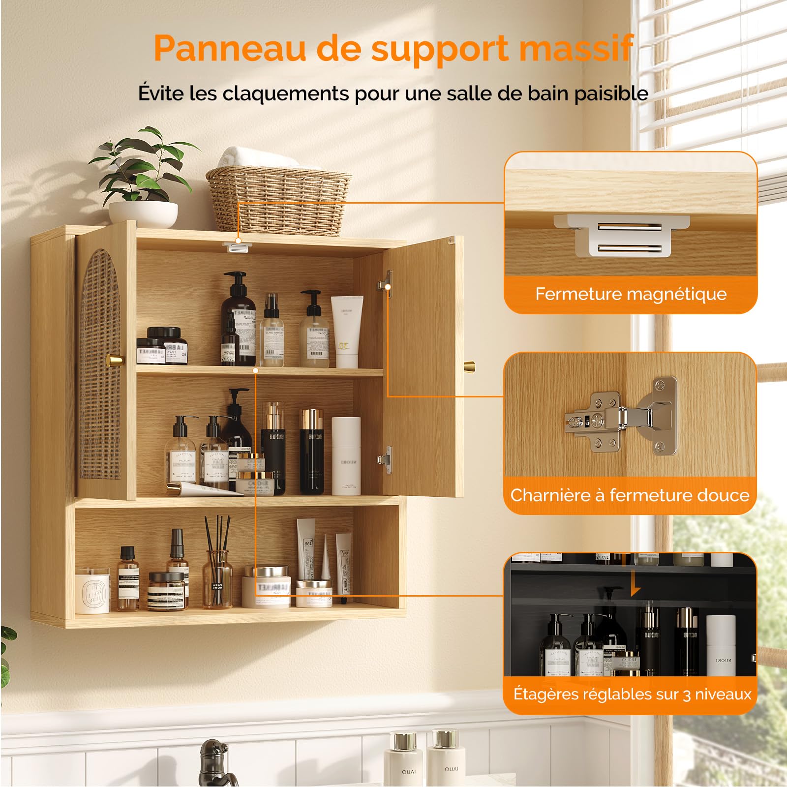 Bonnlo Armoire Murale de Salle de Bain en Rotin, 2 Portes & 1 Étagère, 58×20.4×62cm, Meuble de Rangement Suspendu en Chêne pour Salle de Bain, Cuisine, Salon