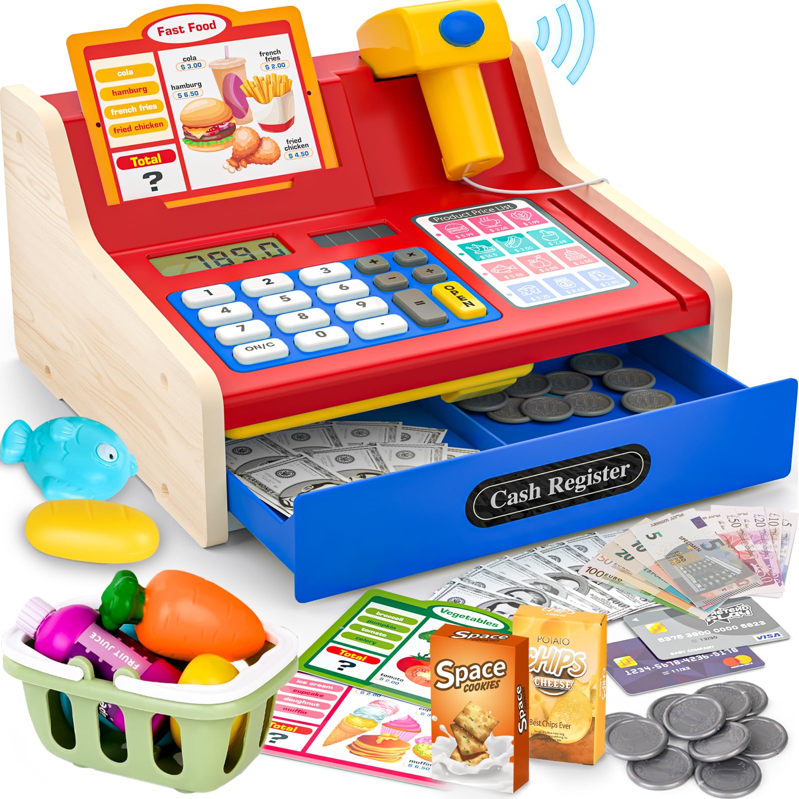 maysida Cassa Giocattolo in Legno con Scanner e Suoni per Bambini 3-5 Anni, Set Negozio con Monete, Carte, Carrello e Cibo Natale o Compleanno (Rosso)