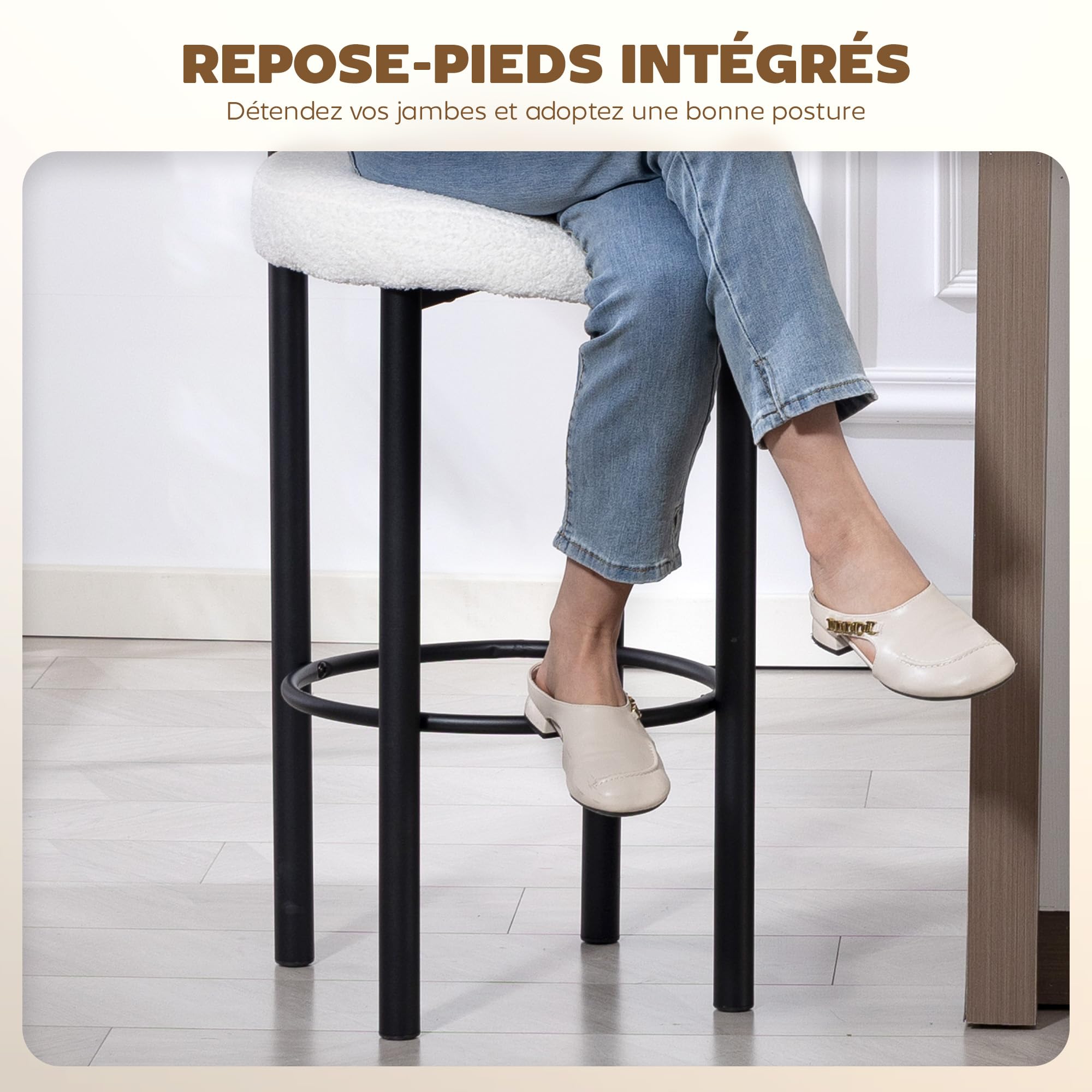 HOMCOM Lot de 2 Tabourets de Bar Tissu Bouclette 50 x 52,5 x 98 cm Blanc
