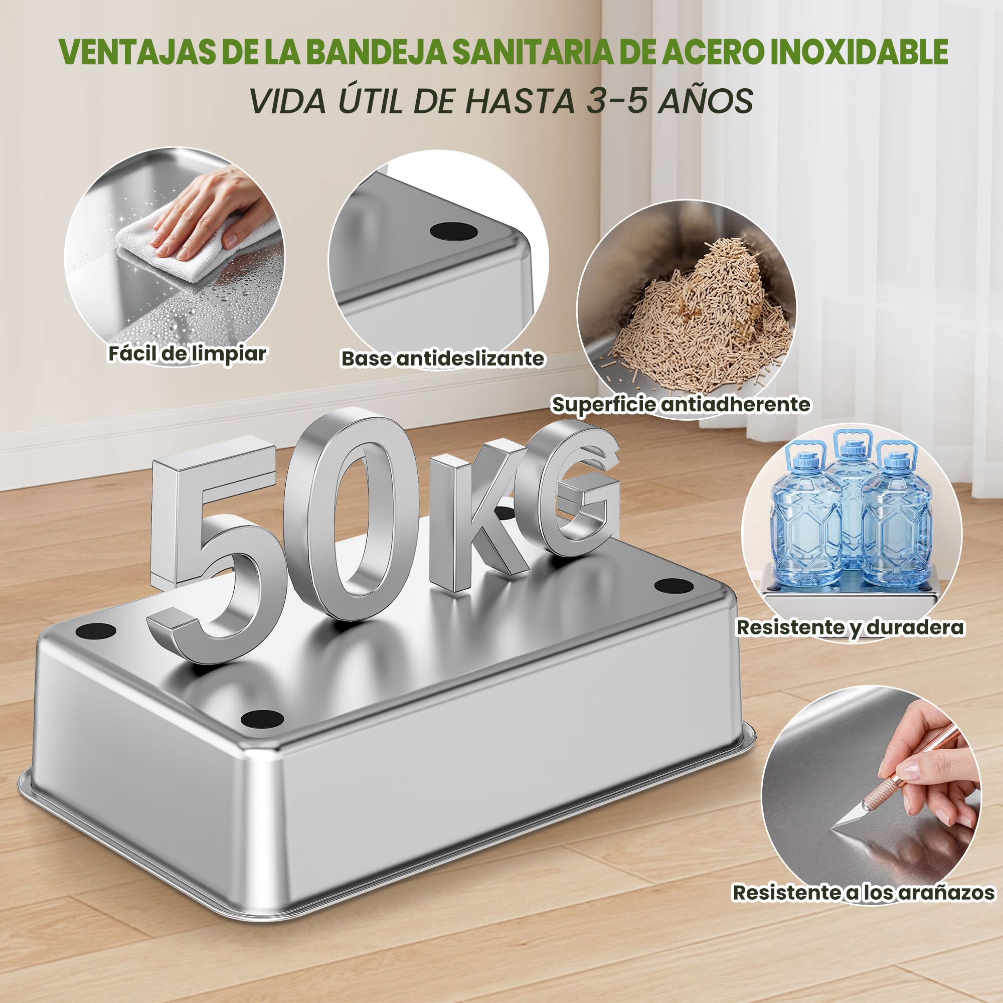 XXL Arenero Gato Cubierto de Acero Inoxidable– 3-en-1 Arenero Cerrado para Gatos con Tapa, con Filtro de Carbón Activo, Tapa Abatible 180°, Pala Metálica, Tapete, Antifugas, Sin Olores