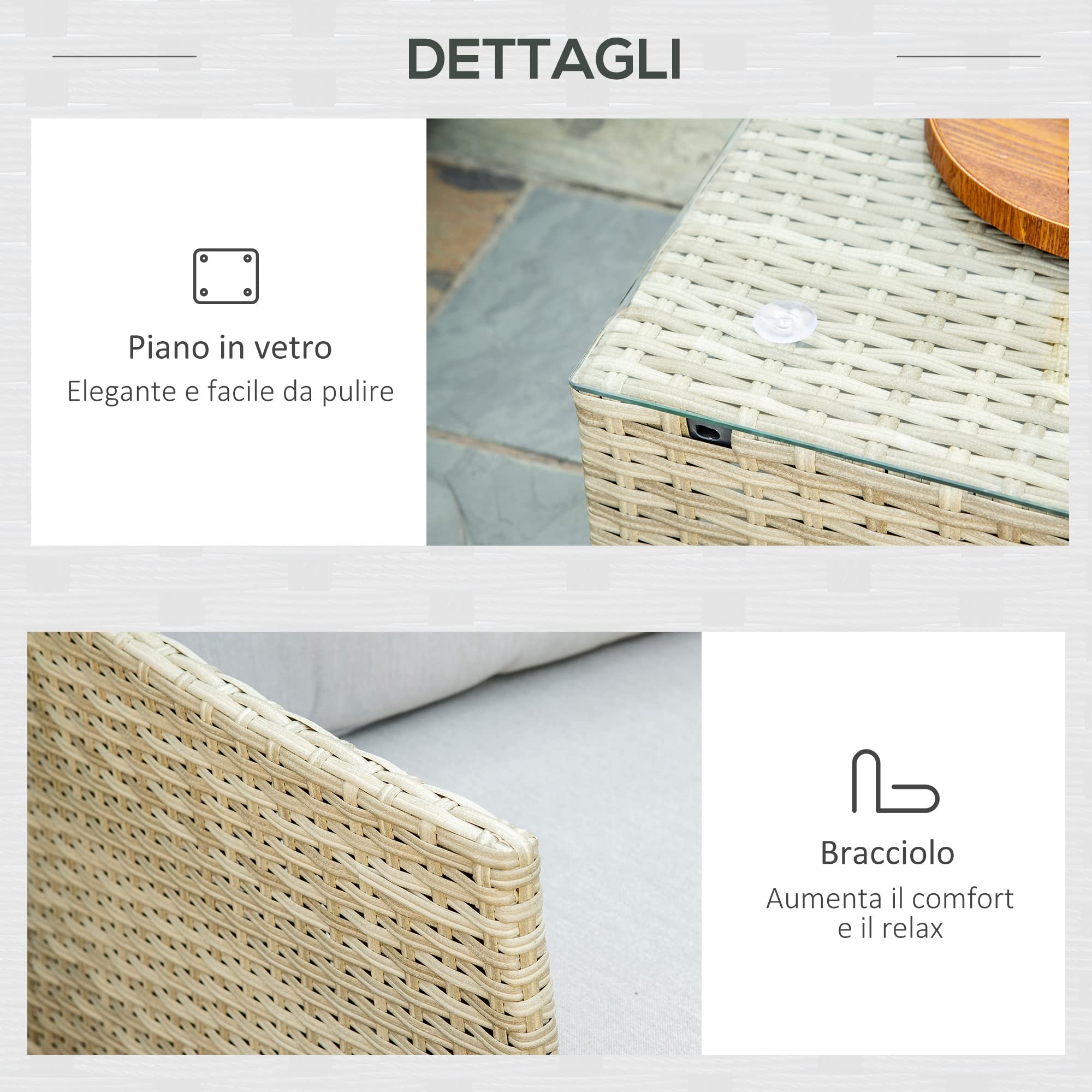 Outsunny Salotto da Giardino 7 Pezzi Modulabile con Tavolino, Poltrona, Poltrona Angolare e 2 Divanetti in Rattan PE con Cuscini, Beige