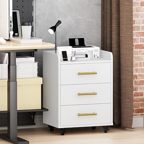 Miniatura 2 de AWQM Armario de oficina con 3 cajones, archivador móvil de 15.66 pulgadas de profundidad debajo de la mesa con mango dorado, 2 ruedas con bloqueo,