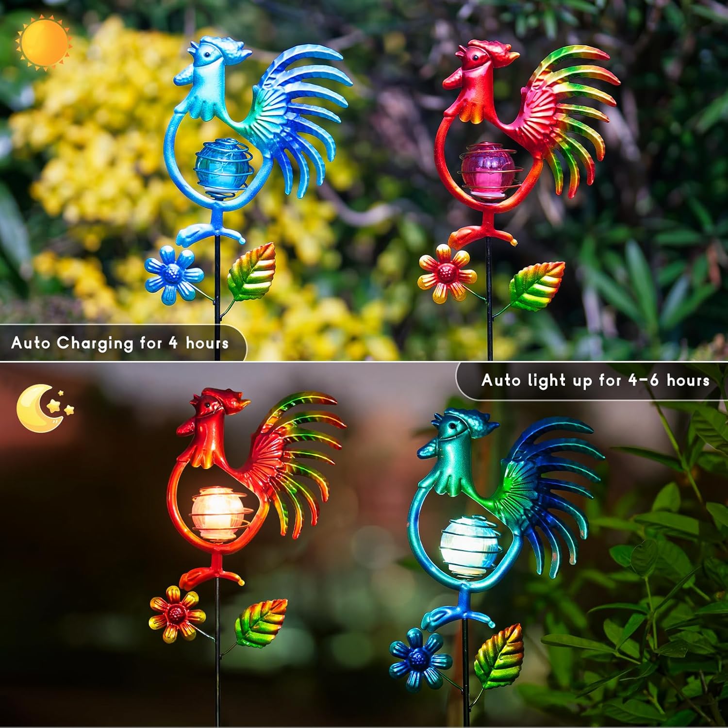 Rooster Solar Garden Lights, 2 Pack Metal Solar Stake Light, 27" H Outdoor Chicken Statues Figurine Lights for Spring Garden Lawn Patio Yard Decoration