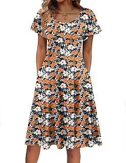 Women's Casual Dress Floral Summer Dress Ruffle Sleeve Crewneck Flowy Swing Mini Dresses with Pockets - Buy now
