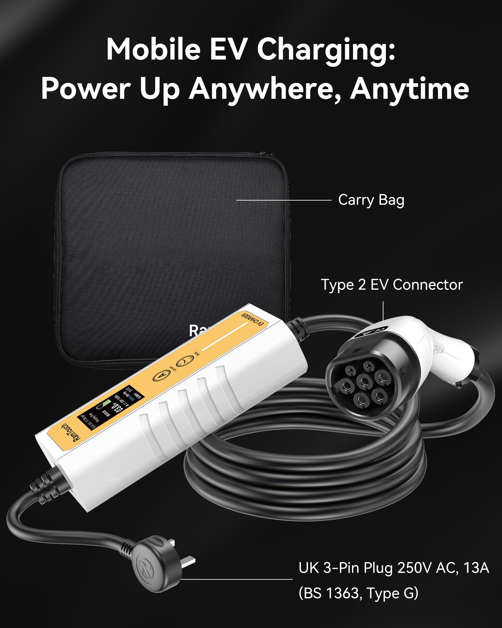 RamTouch Electric Vehicle Charger (3 kW, Type 2, UK 3-Pin Plug, 10.5 m), IP65 Portable Car Charger with Adjustable Current (6A–13A) and Delayed & Timed Charging, Compatible with EVs and Hybrids — view 9