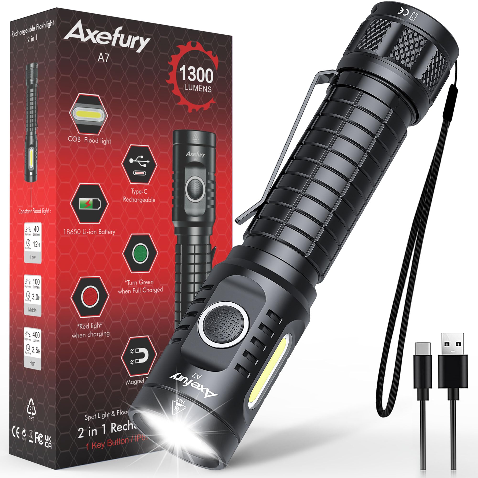axefury Flashlight, Rechargeable Magnetic LED Flashlight High