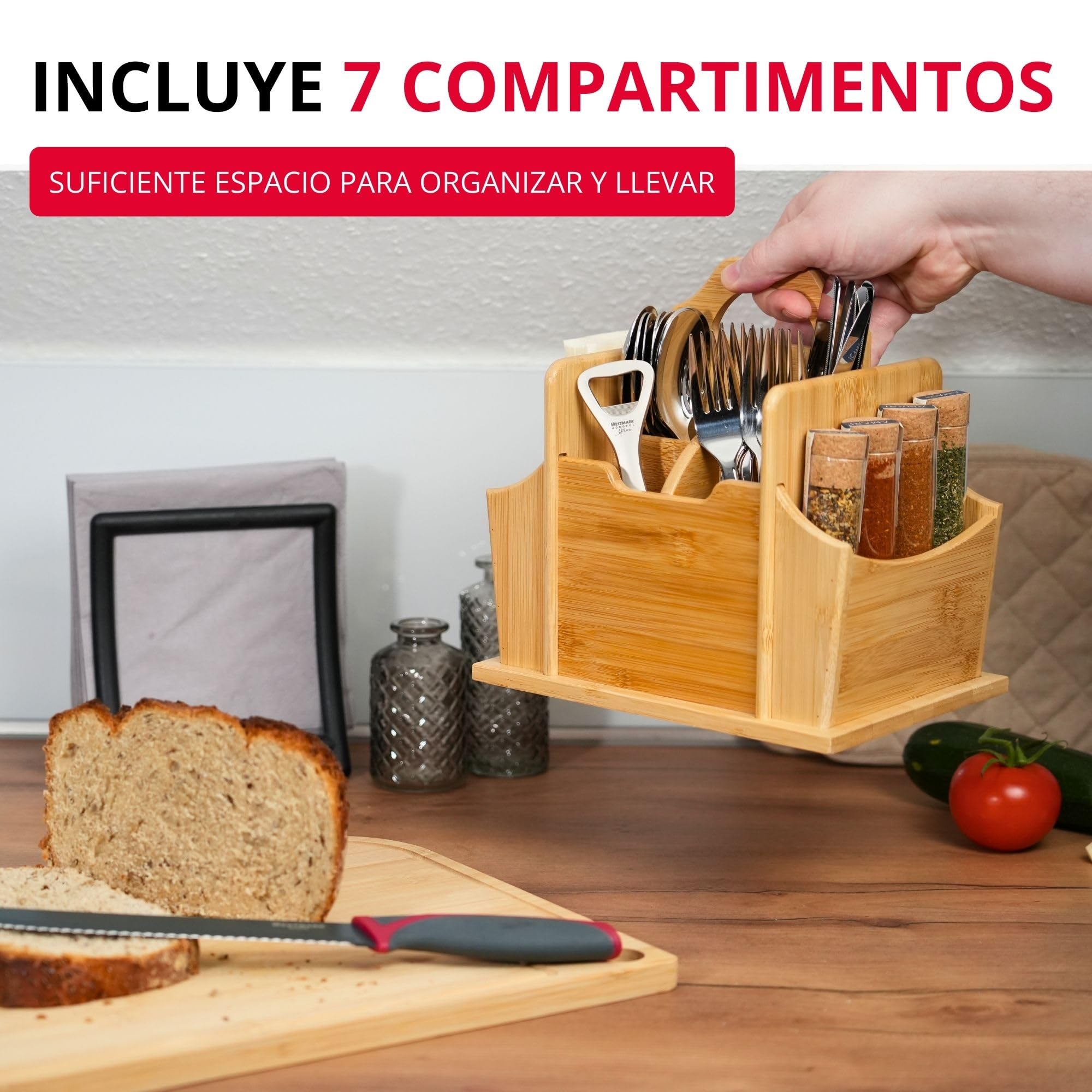Organizador Tapas + Friends Westmark – práctico organizador de mesa con 7 compartimentos, cesta para cubiertos y servilletas, portautensilios para mesa y fiesta – bambú